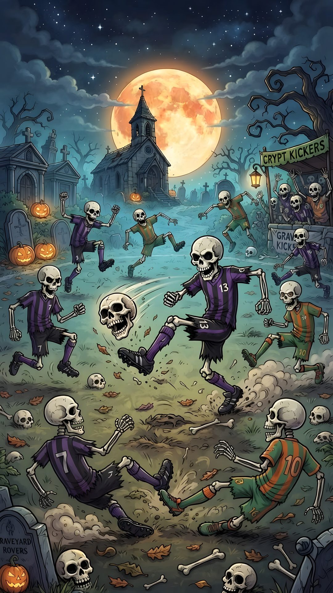 a group of skeletons dancing in front of a full moon with tombstones on the ground Cool Halloween Football dark slate gray