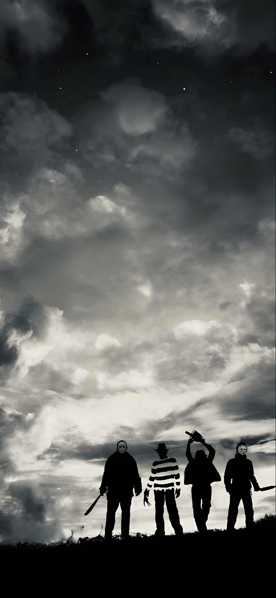 three people standing on top of a hill under a cloudy sky Halloween Film Movie Cinema, Freddy Krueger Vs Jason, Horror Background, Black Horror, dim gray