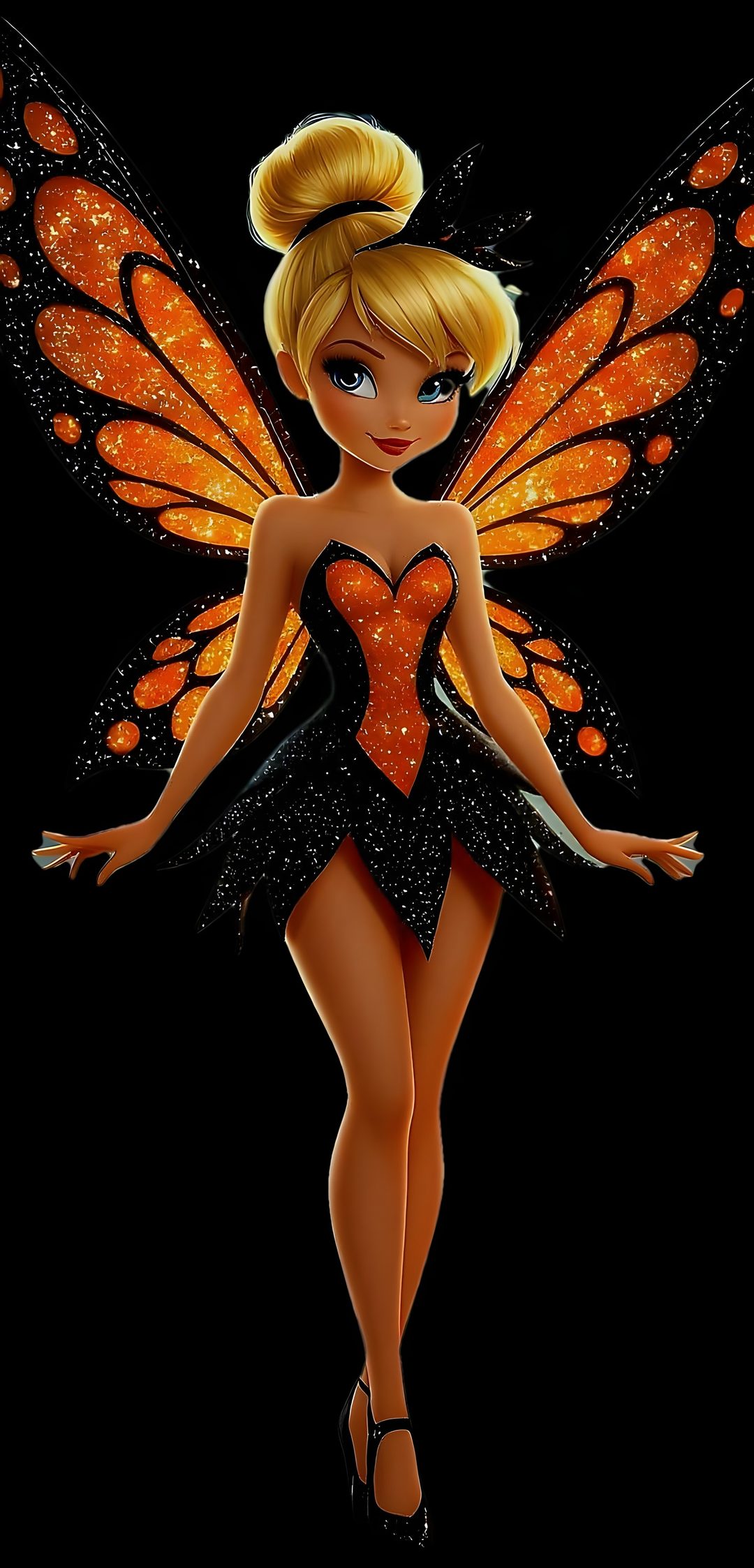 a fairy with orange and black wings is standing in front of a black background, Tinkerbell Halloween Female Samurai Tattoo, Design, Female Samurai, Tattoo Designs, black