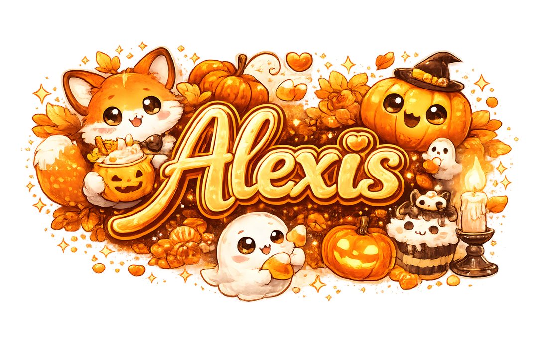 the word alex's surrounded by pumpkins and cats Halloween-themed Name ivory