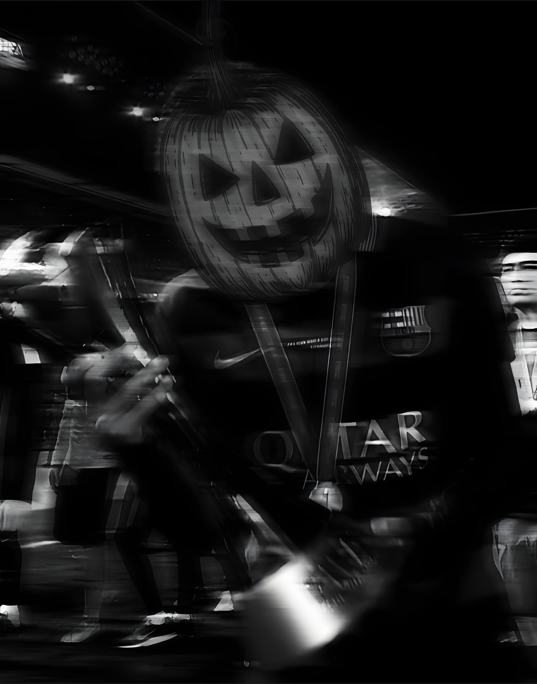 black and white photograph of people walking down the street with halloween decorations on their heads Football Halloween Psg Neymar, Halloween, black
