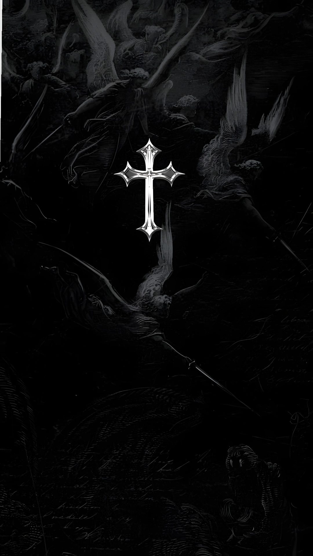 a cross in the middle of a black and white painting with birds flying around it Halloween Cross Cross, Hippie, black
