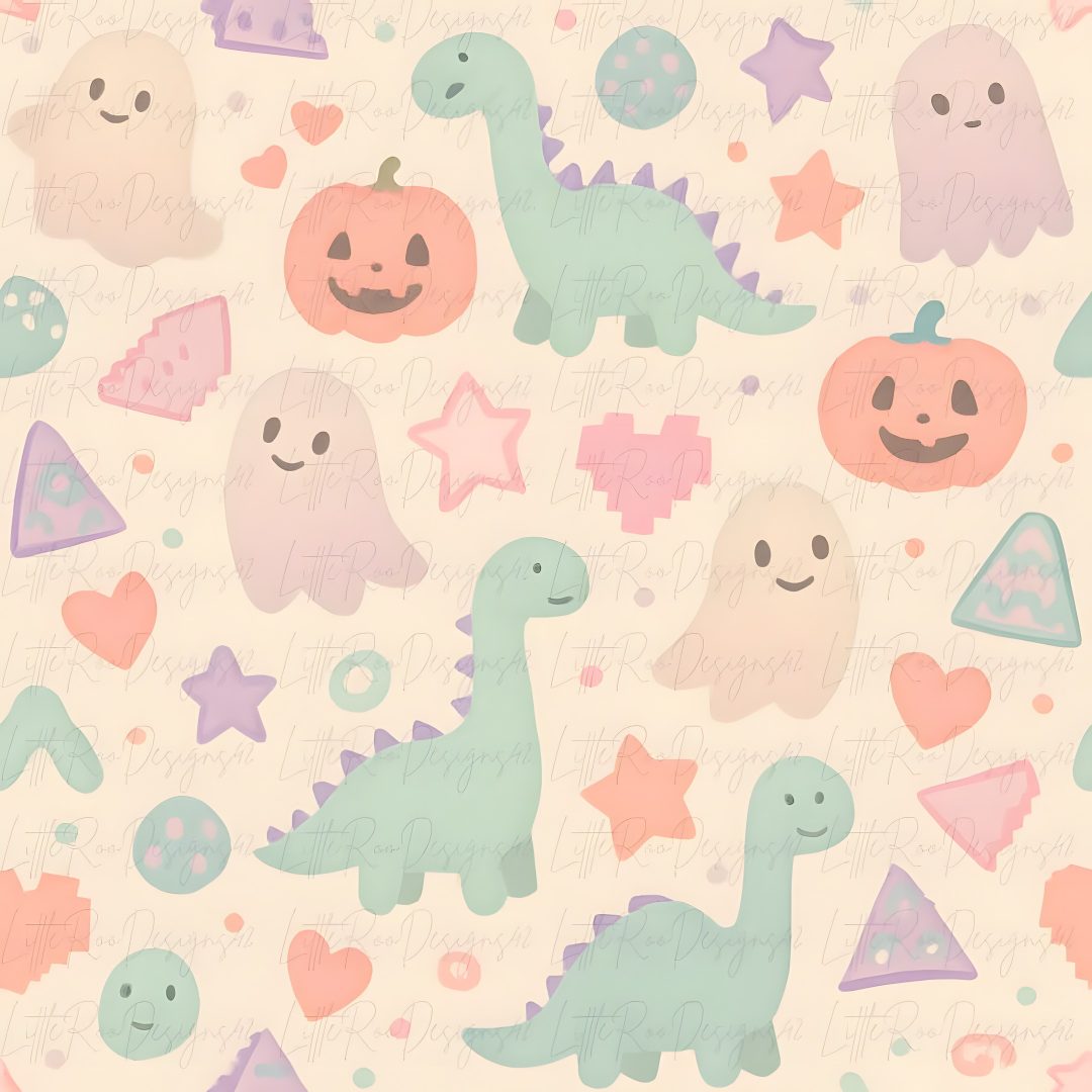 an image of a pattern with dinosaurs and pumpkins on the background for wallpaper Cute Halloween Dinosaur blanched almond