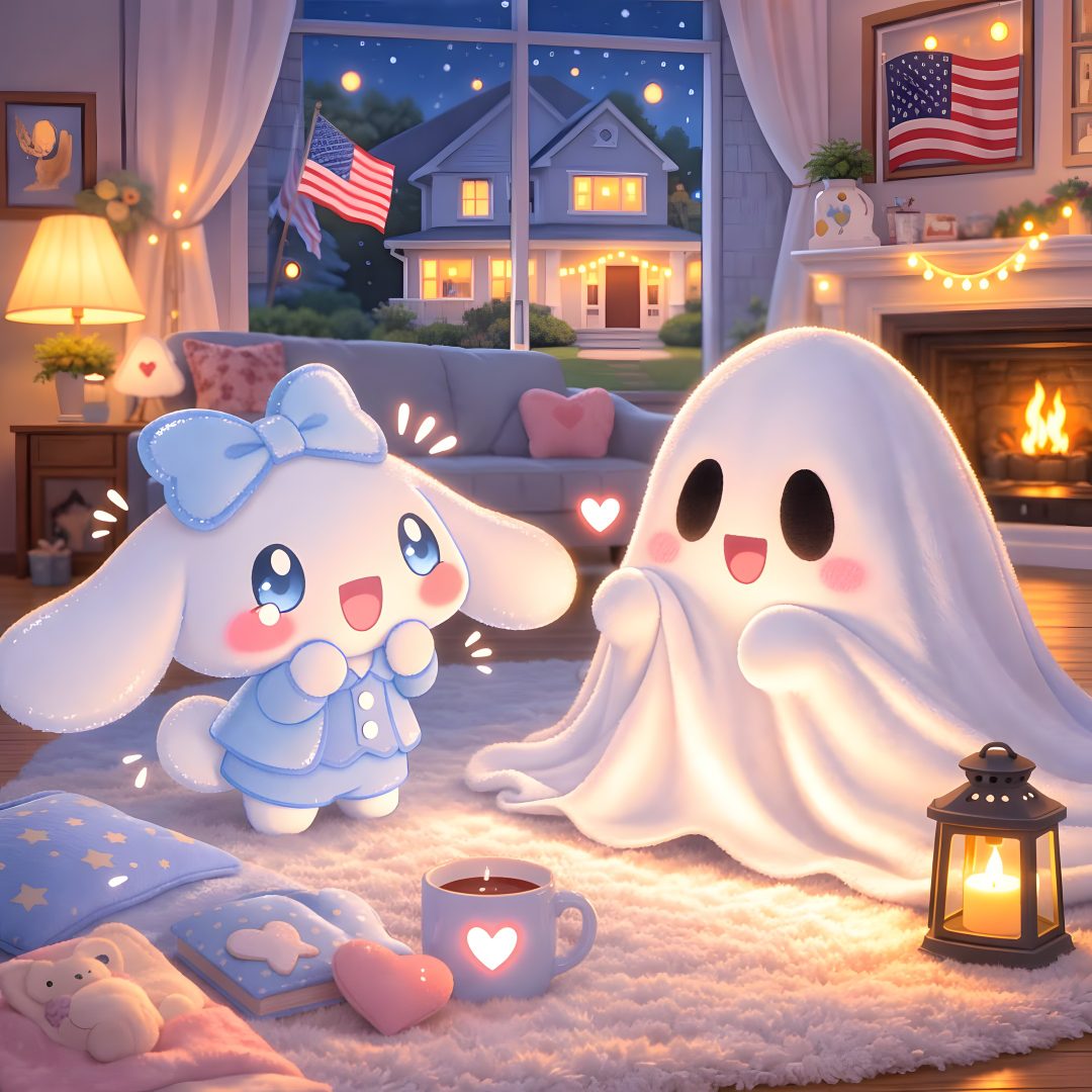 two stuffed animals sitting on top of a rug next to a fire place in a living room Cinnamoroll Halloween Ipad Buddha Bowl, Ghost, Hello Kitty, Kitty, rosy brown