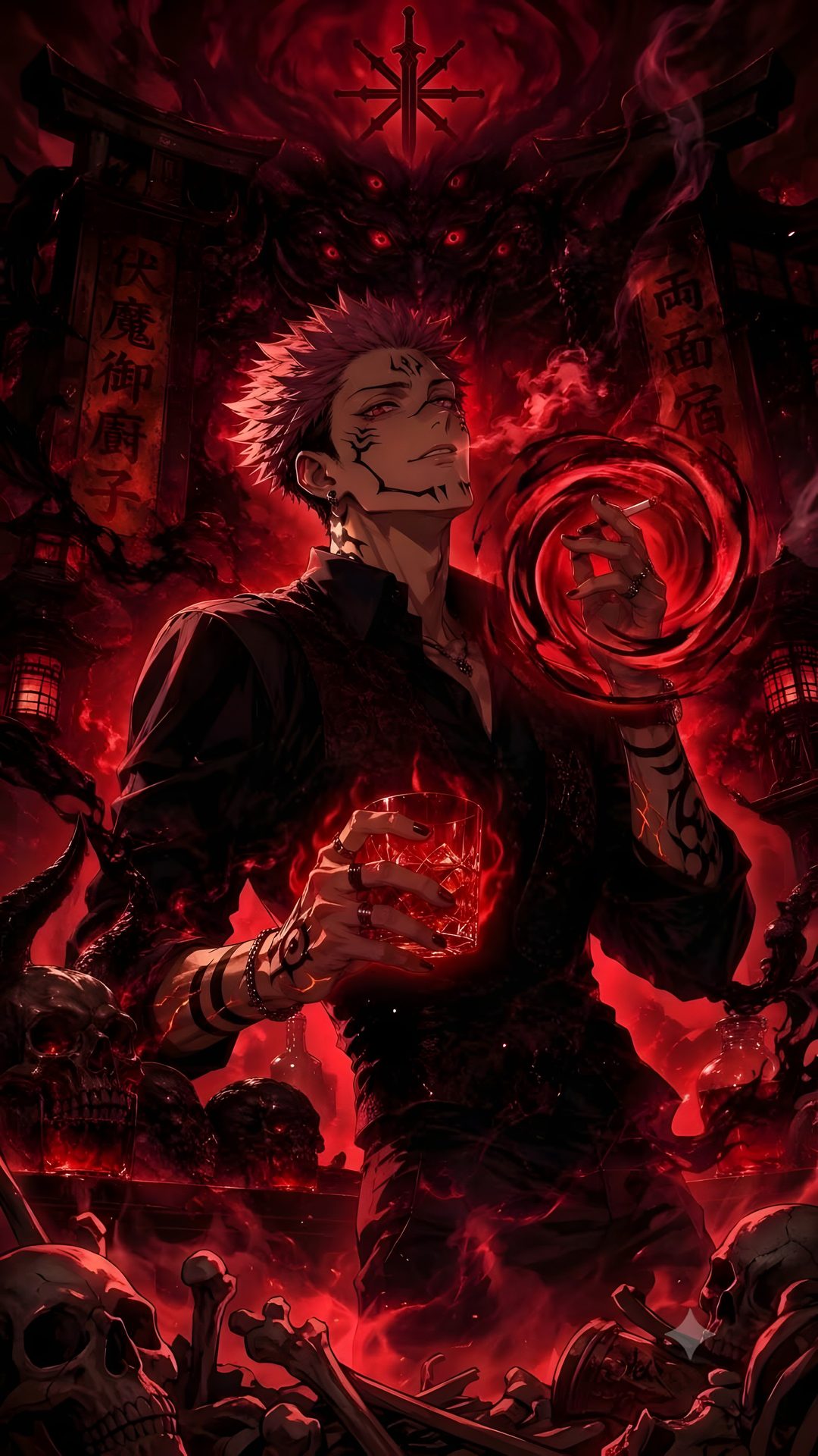 an anime character holding a ball in front of a red background with skulls and other demonic creatures Sukuna Halloween black