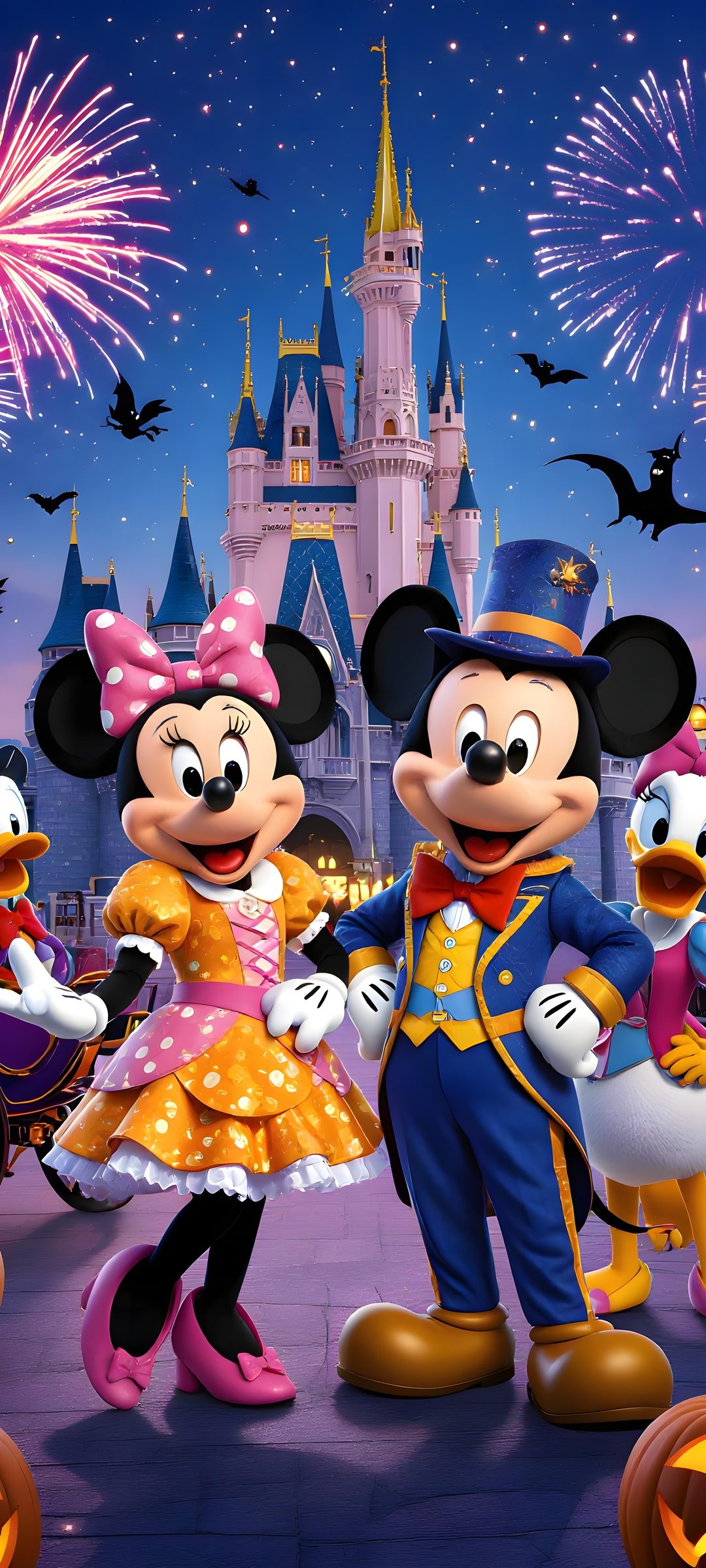 mickey and minnie mouse in front of a castle with fireworks on the sky behind them Mickey And Friends Halloween Backgrounds dark slate blue