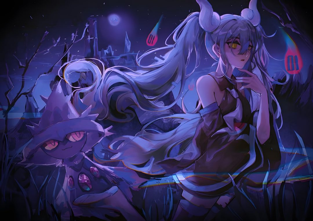 an anime character with long white hair sitting on the ground in front of other characters Halloween Miku Pc, Hatsune Miku, Ghost, Fan Art, midnight blue