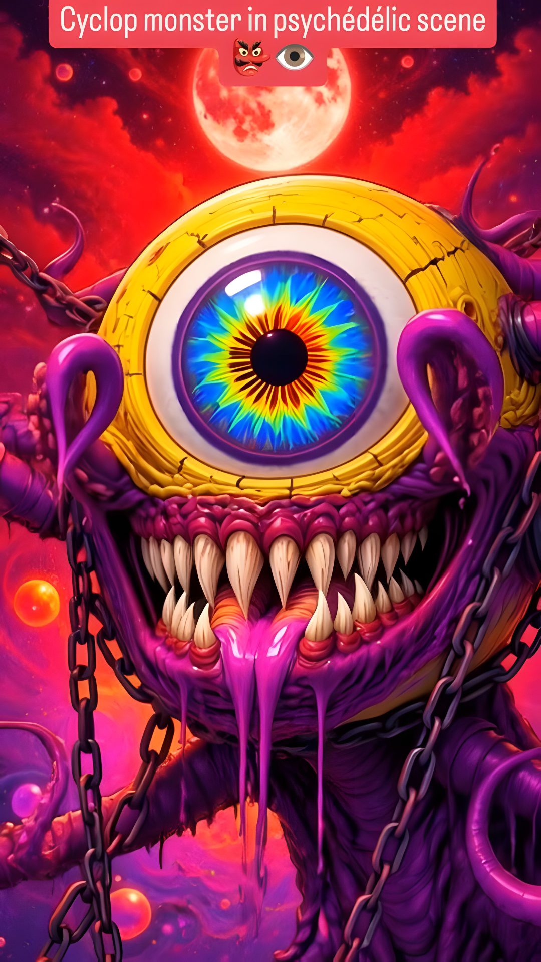 an evil looking monster with chains around it's neck and eyes, in front of a Halloween Cyclops brown