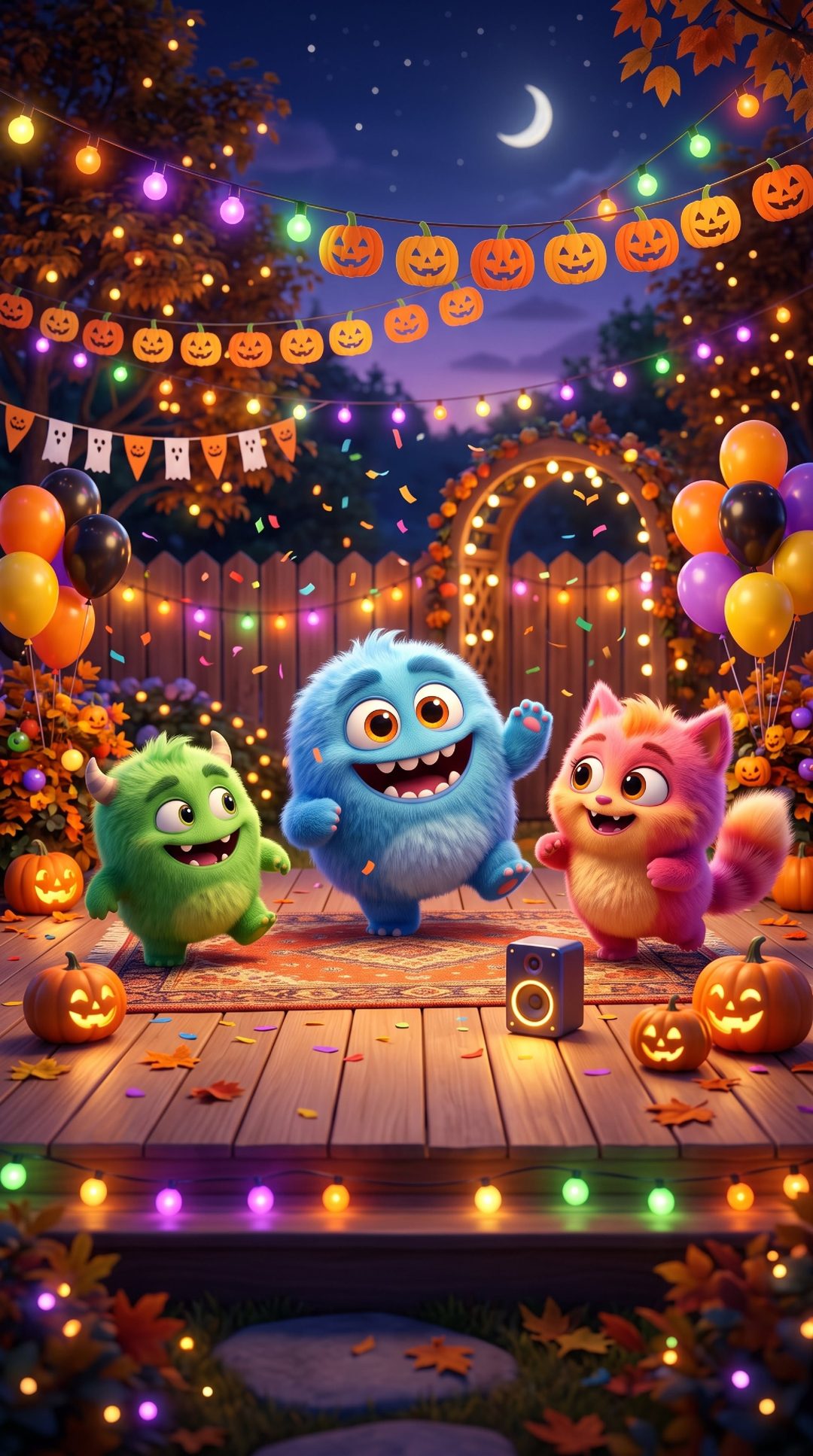 an animated scene with monsters and pumpkins Halloween Monsters dark olive green