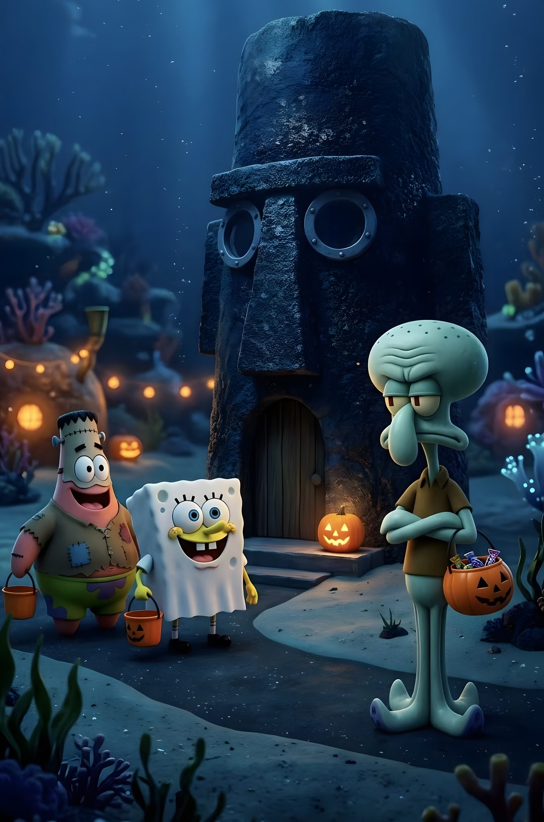 spongebob and friends in front of a house with pumpkins on the ground Spongebob Halloween 4k dark slate gray