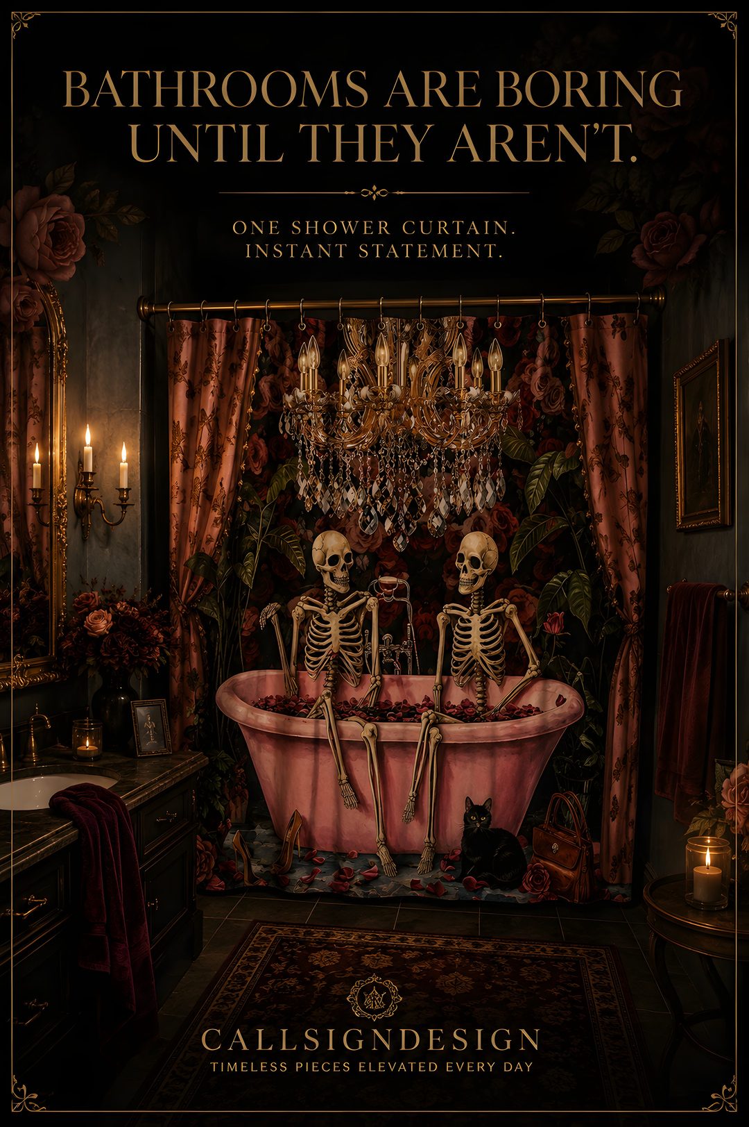 a bathroom with two skeletons sitting in the tub Halloween Themed Bathroom black