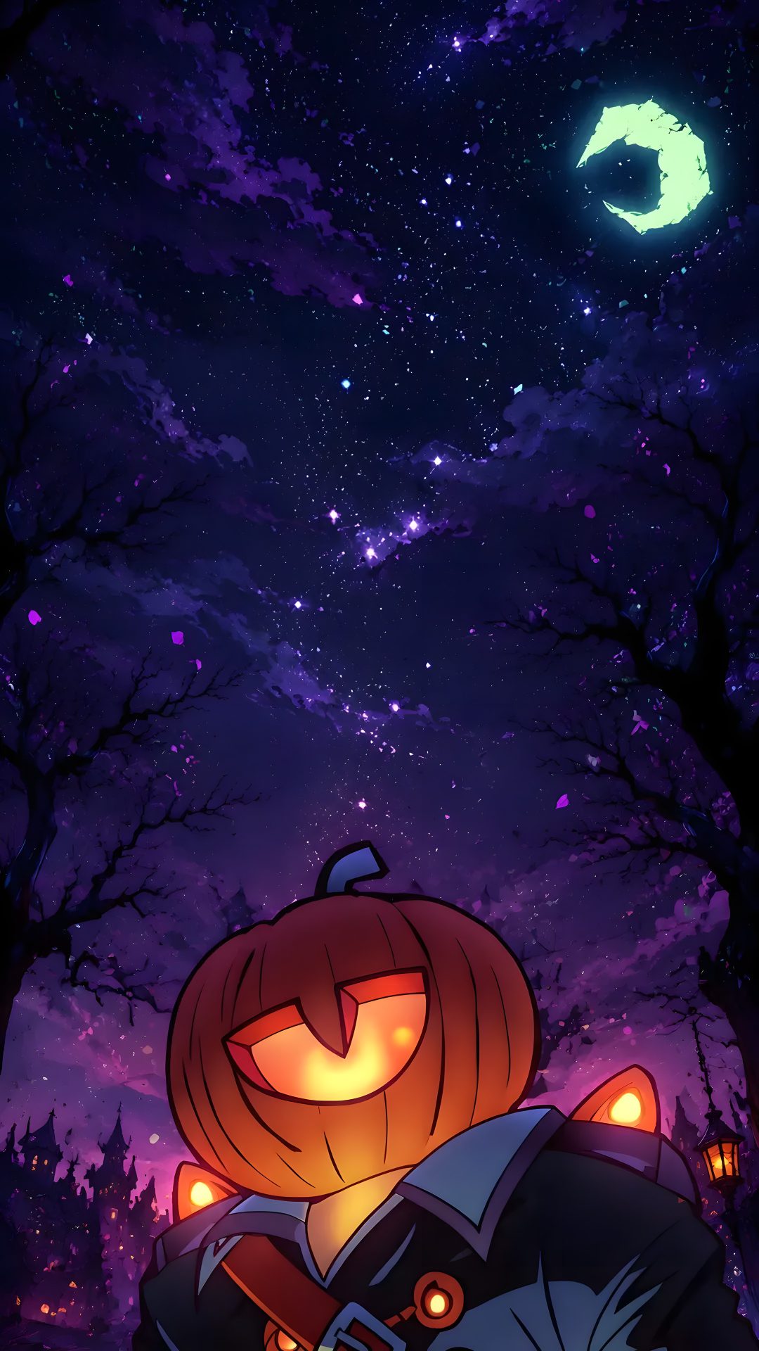 a cartoon character with a pumpkin on his head in front of a night sky background Anime Halloween Phone black