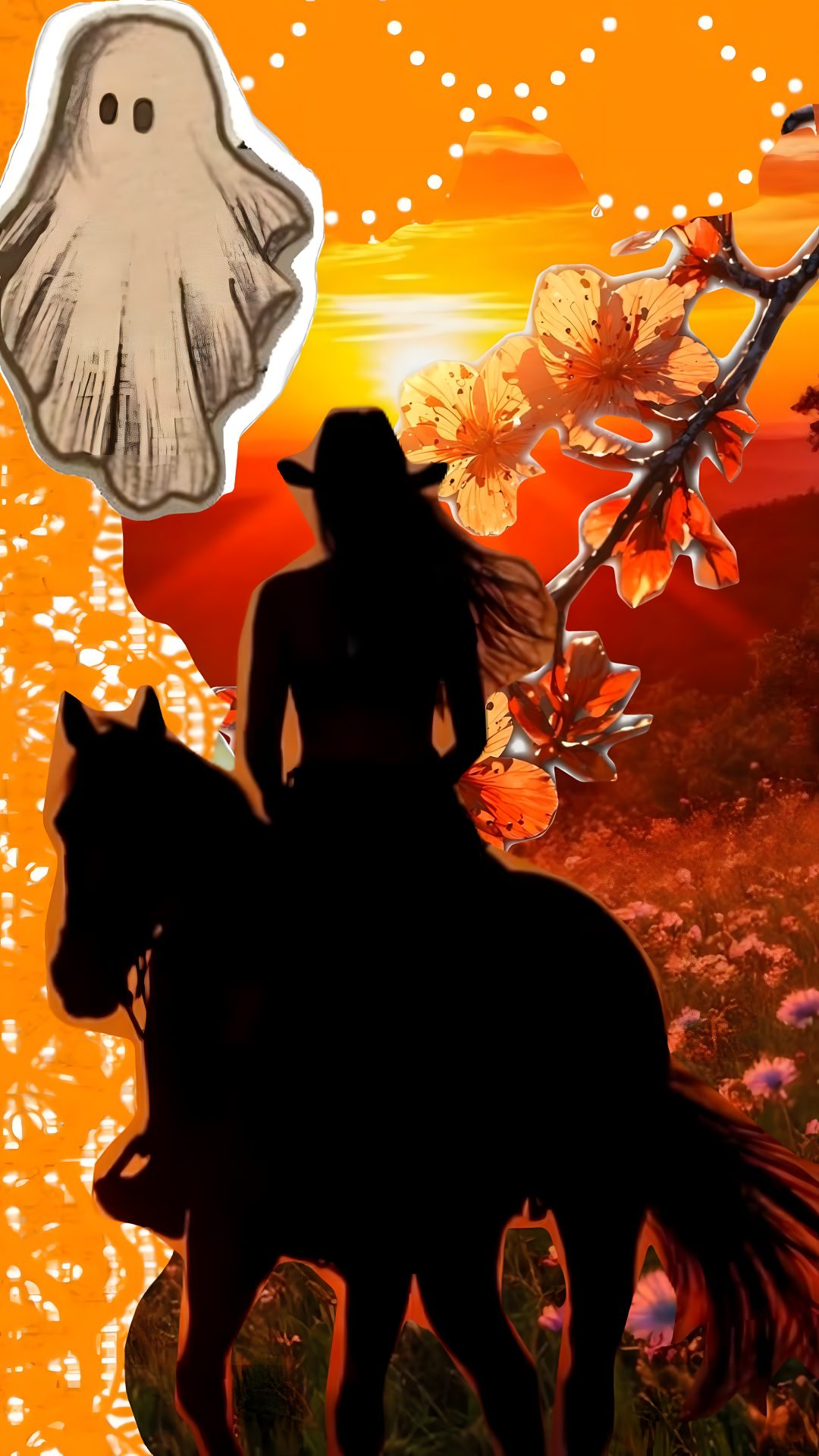 a woman riding on the back of a horse in front of a ghost sticker Halloween Cowgirl saddle brown