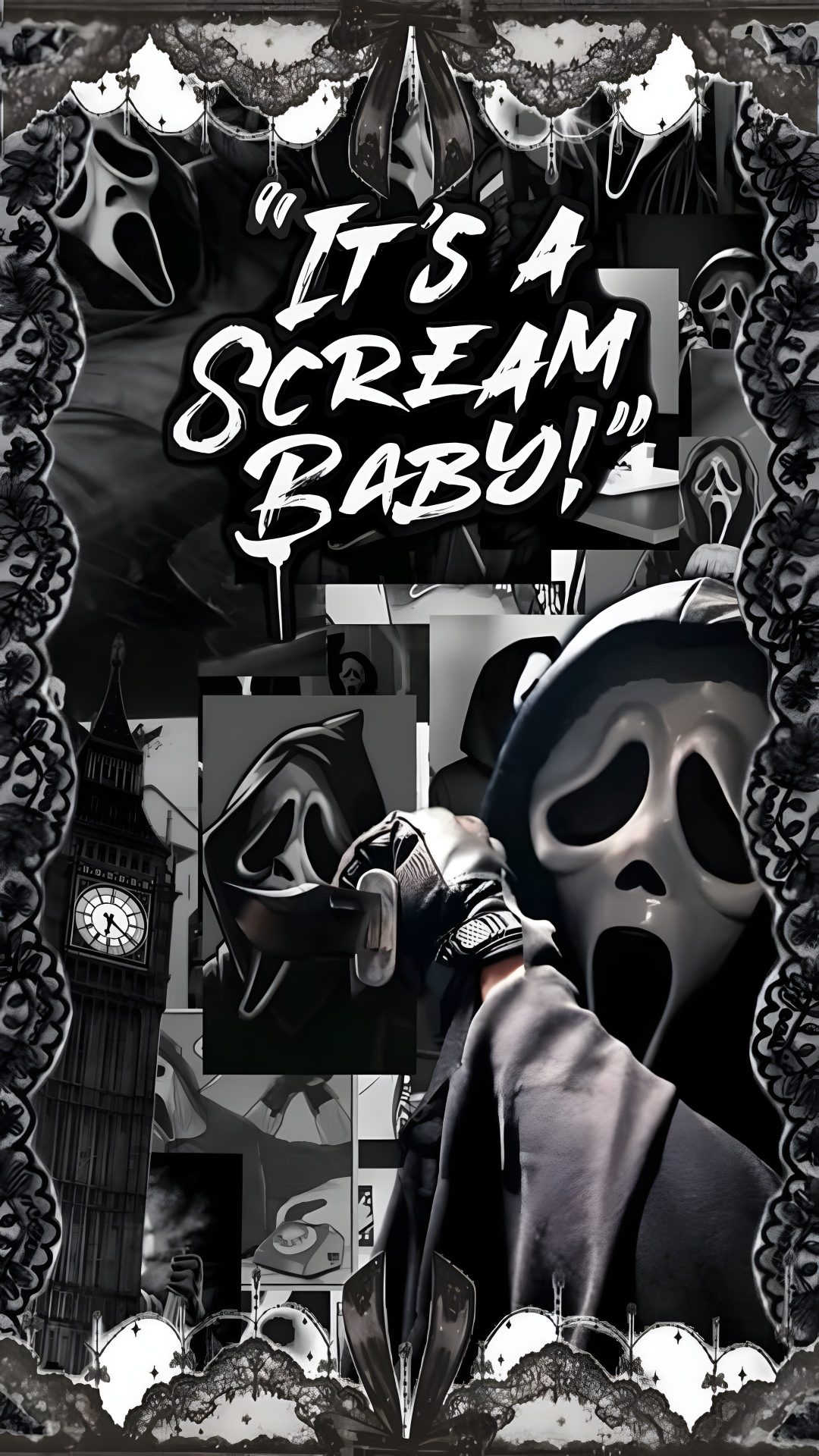 a black and white photo with the words it's a scream baby Cool Halloween Iphone Ghostface Ghost Face dark slate gray