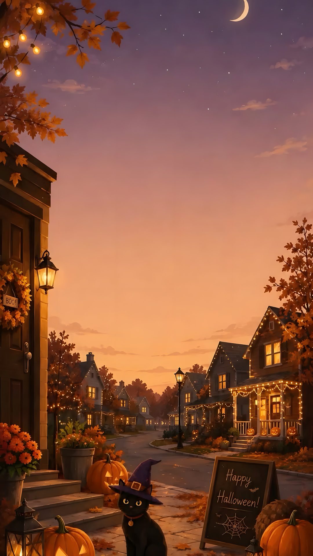 a black cat sitting in the middle of a street with pumpkins and lights on it Halloween City dim gray