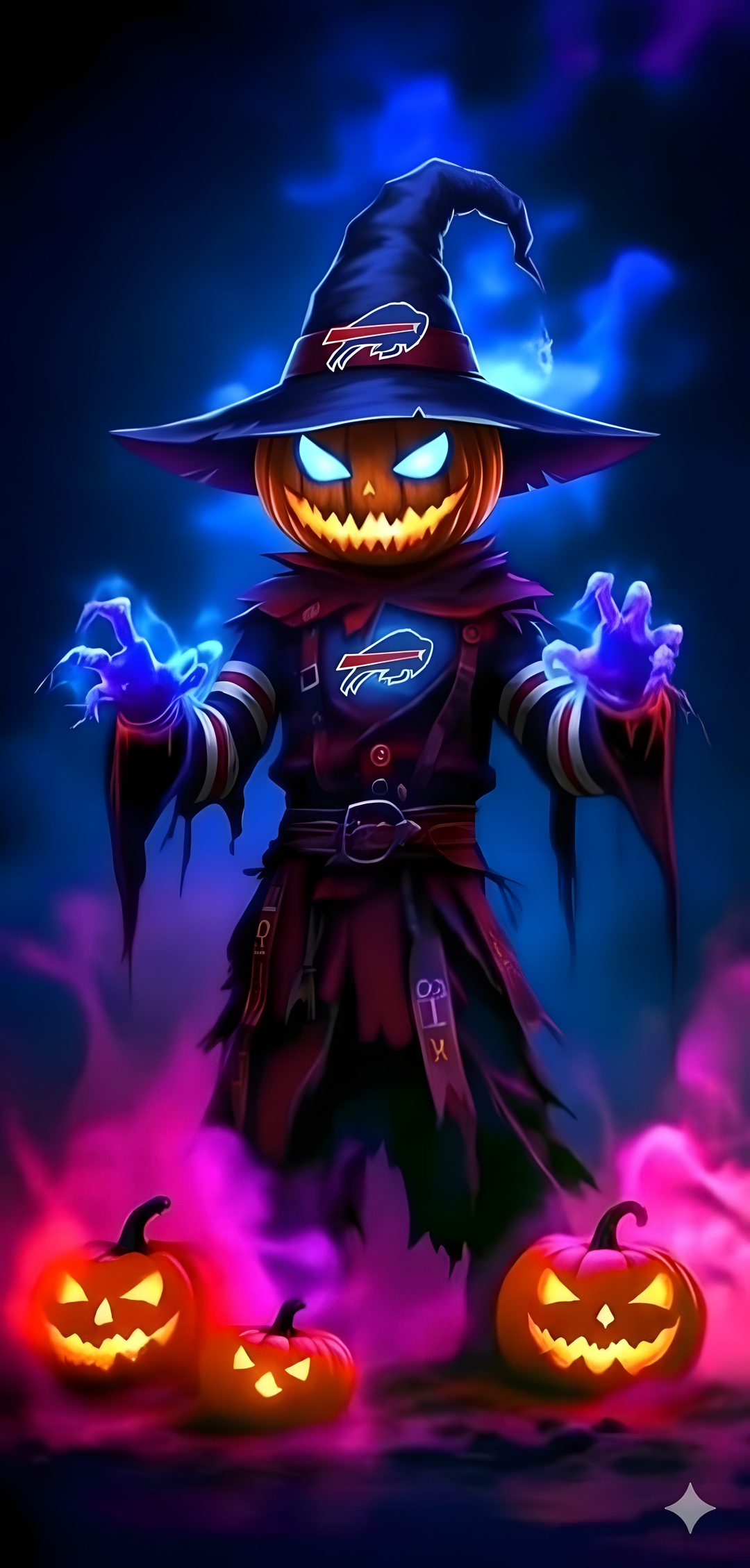 a halloween pumpkin with two jack o lanterns Nfl Halloween Buffalo Bills, Halloween, Buffalo, midnight blue