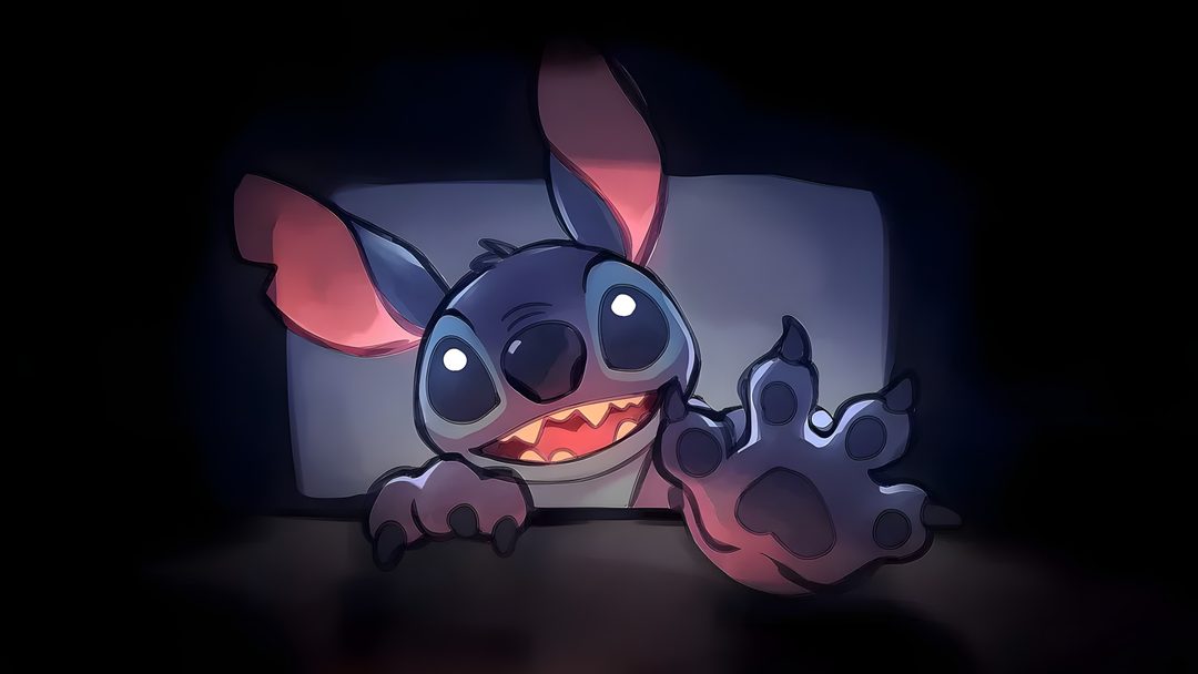 a cartoon character is looking at something in the dark with its mouth open and eyes wide open Stitch Halloween Desktop black