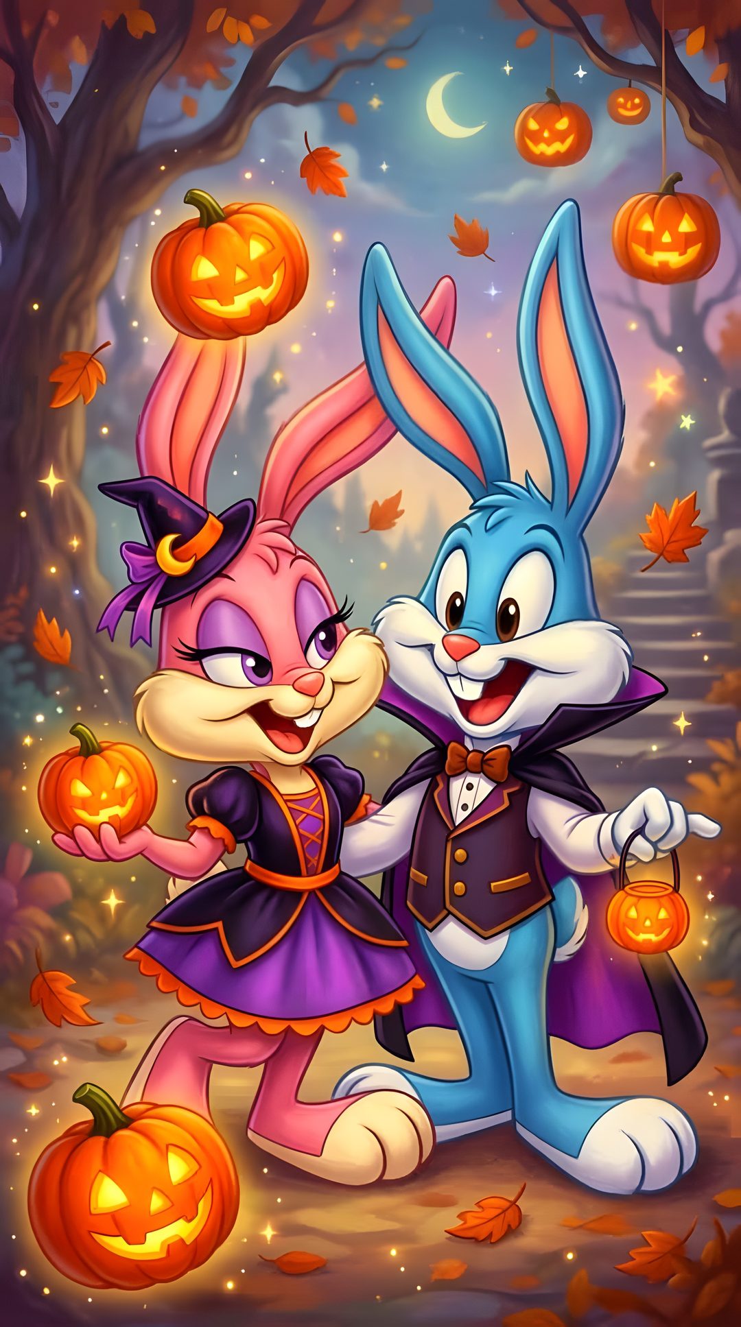 two rabbits dressed in halloween costumes standing next to each other with pumpkins and jack - o'- lanterns Halloween Bunny Hd dim gray