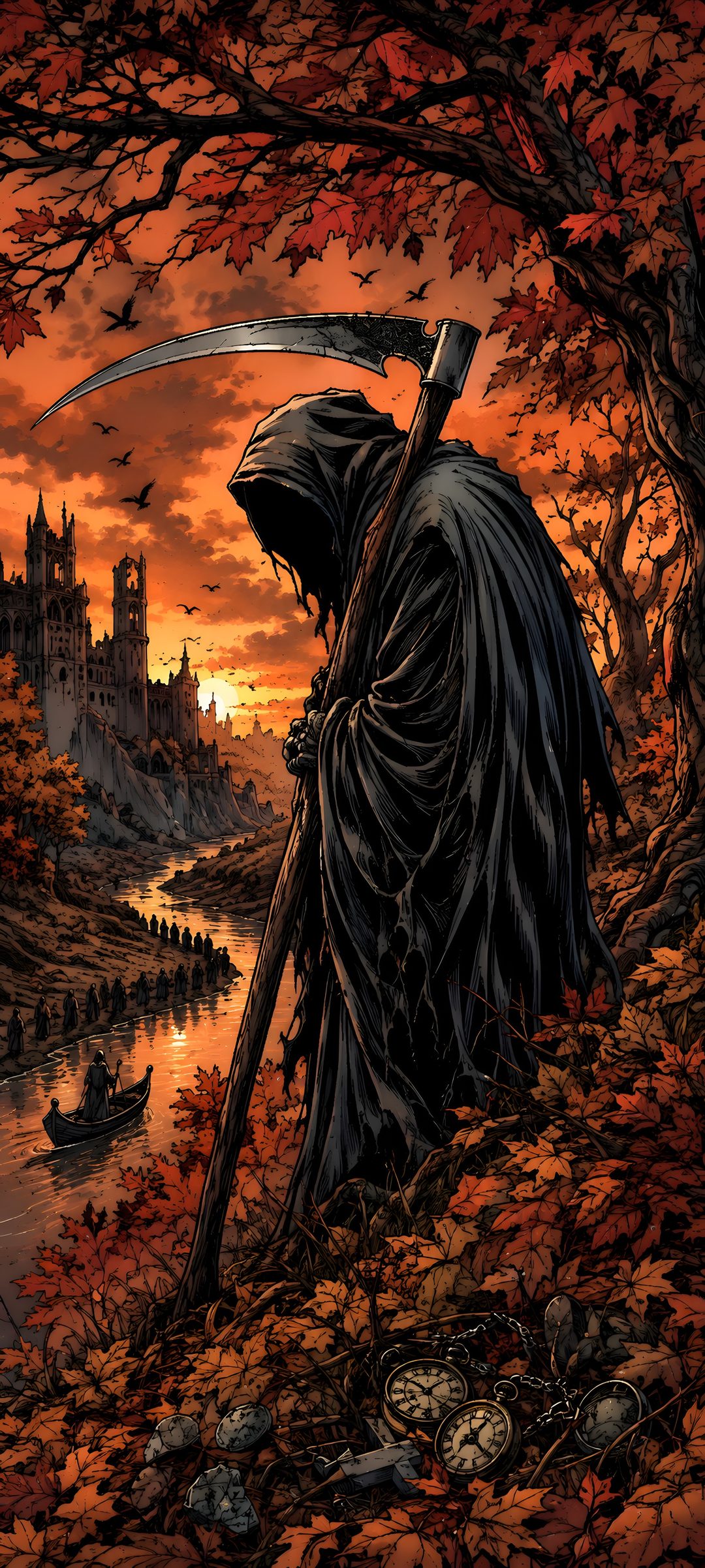 a painting of a man with a scythe in his hand Grim Reaper Halloween black