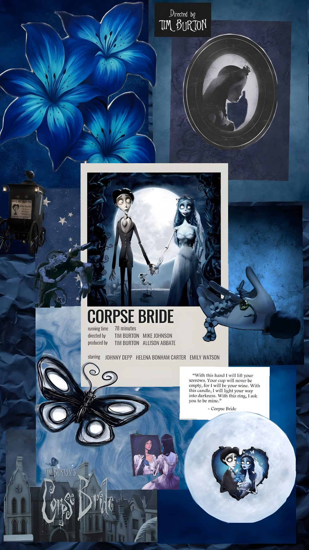 a collage with blue flowers and pictures on it Halloween Iphone Corpse Bride dark slate gray