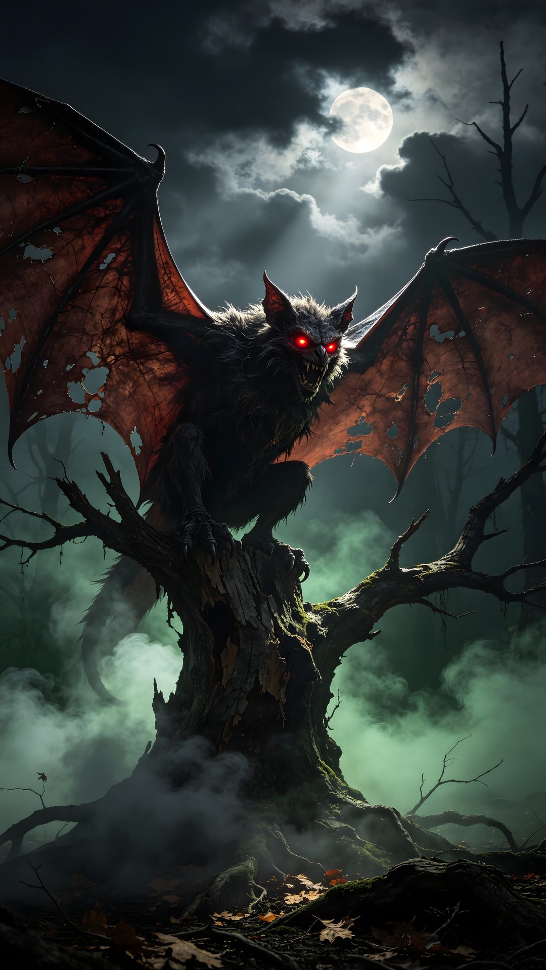 a red dragon sitting on top of a tree stump Halloween Flying Monster Art, Fall Decor, dark slate gray