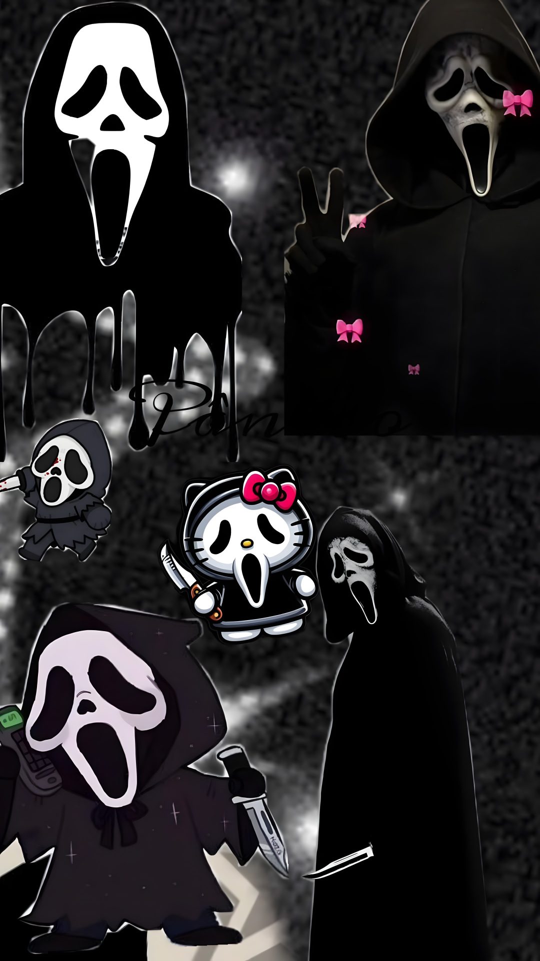 several different images of halloween characters in black and white with pink bows on their heads Halloween Scream Cute Ghostface black