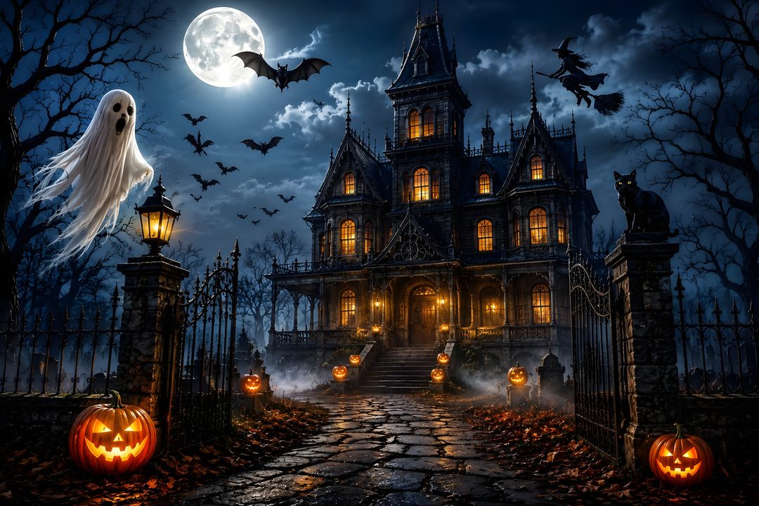 an image of a halloween scene with pumpkins and ghost Halloween Mansion dark slate gray