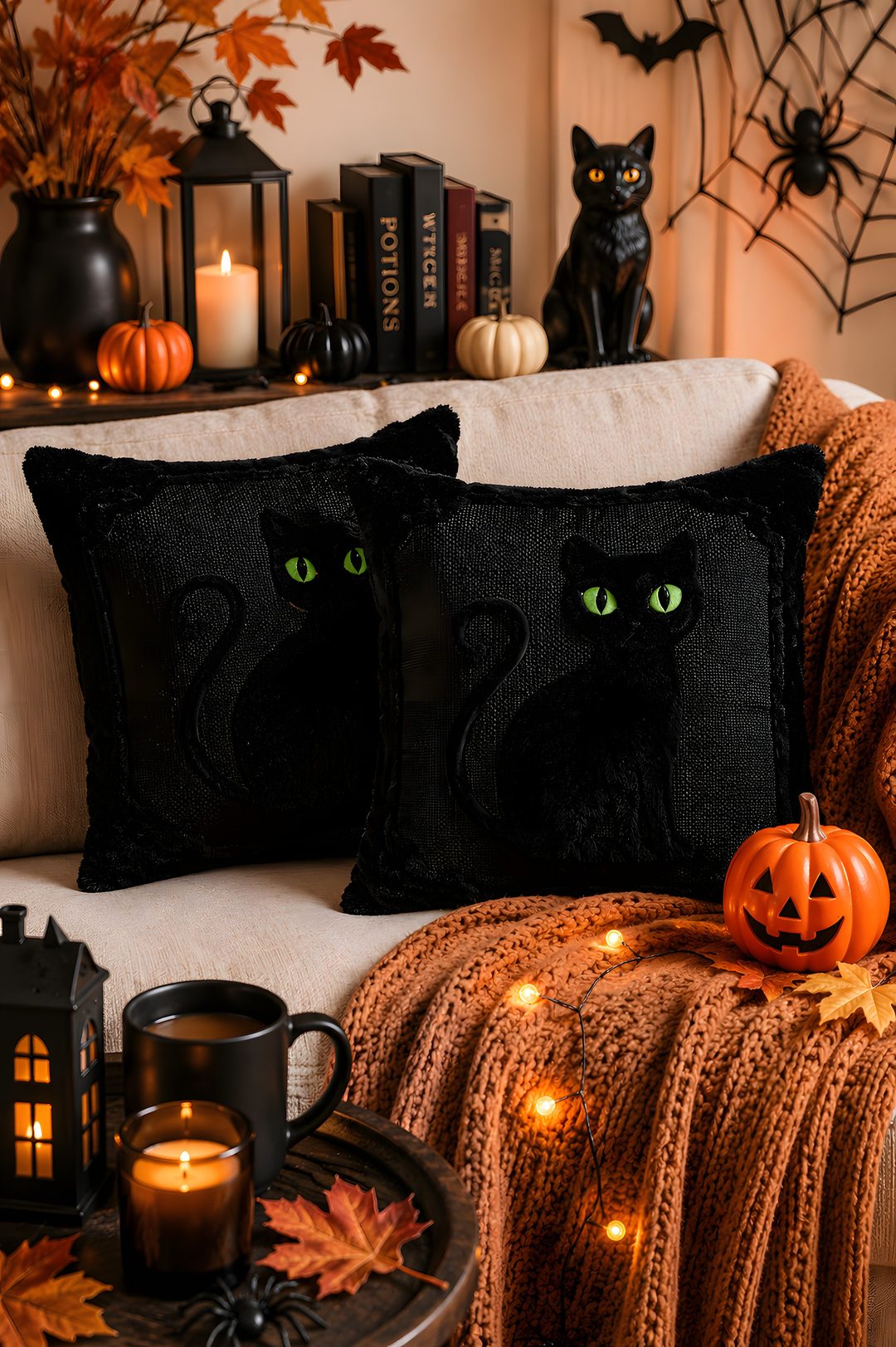 two black cat pillows sitting on top of a couch next to candles and pumpkins Halloween Black Cat Pillow maroon