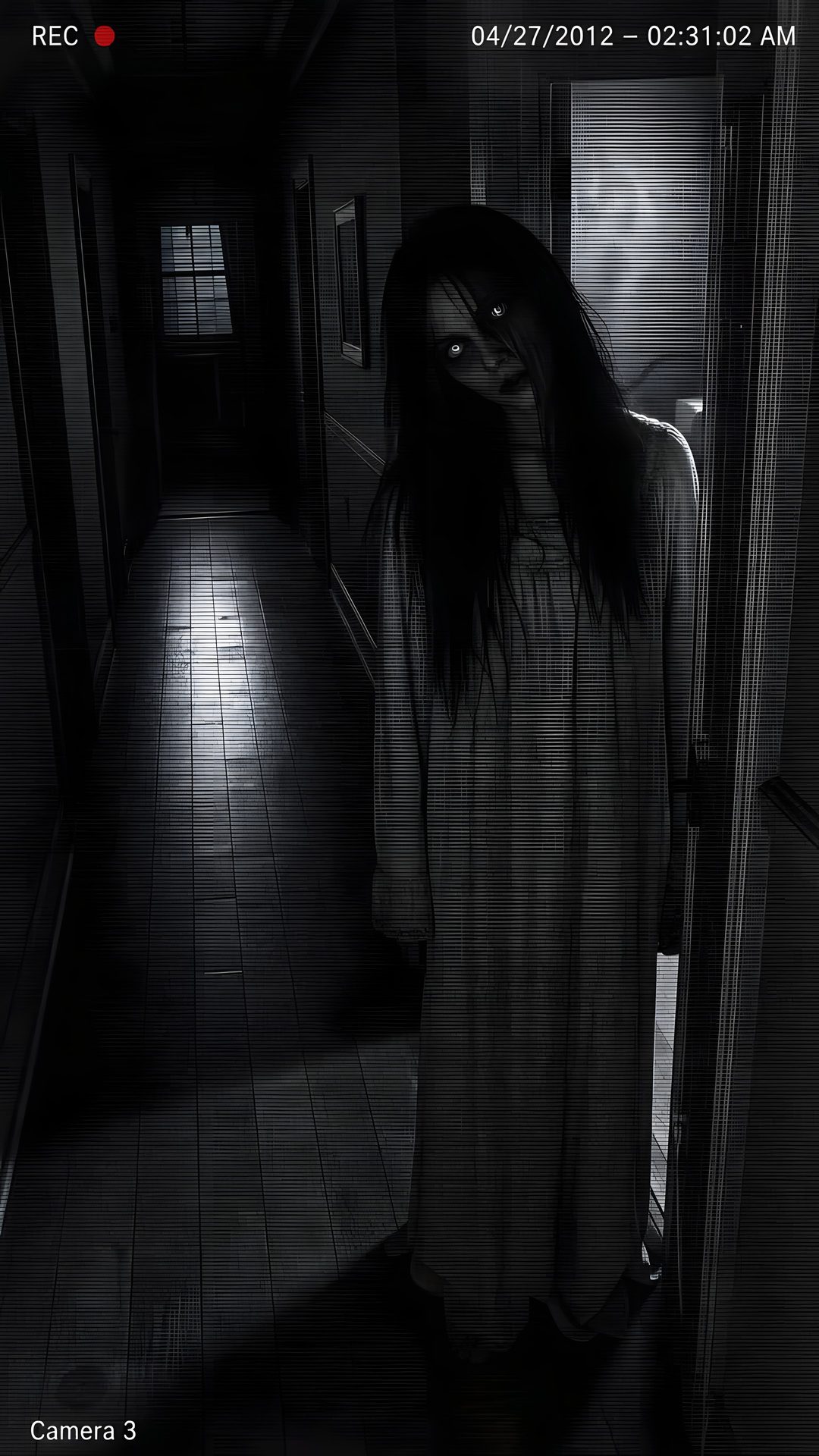 a woman standing in a dark hallway with her hair blowing back and eyes wide open Really Scary Halloween black