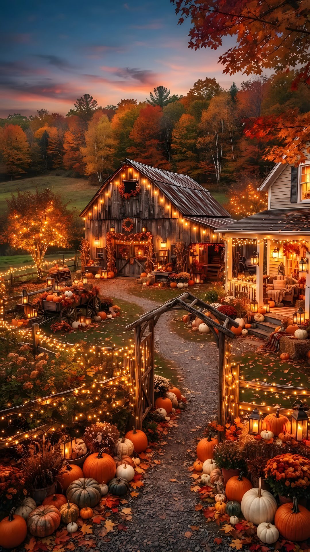 an autumn scene with pumpkins and lights in the yard Halloween Country saddle brown