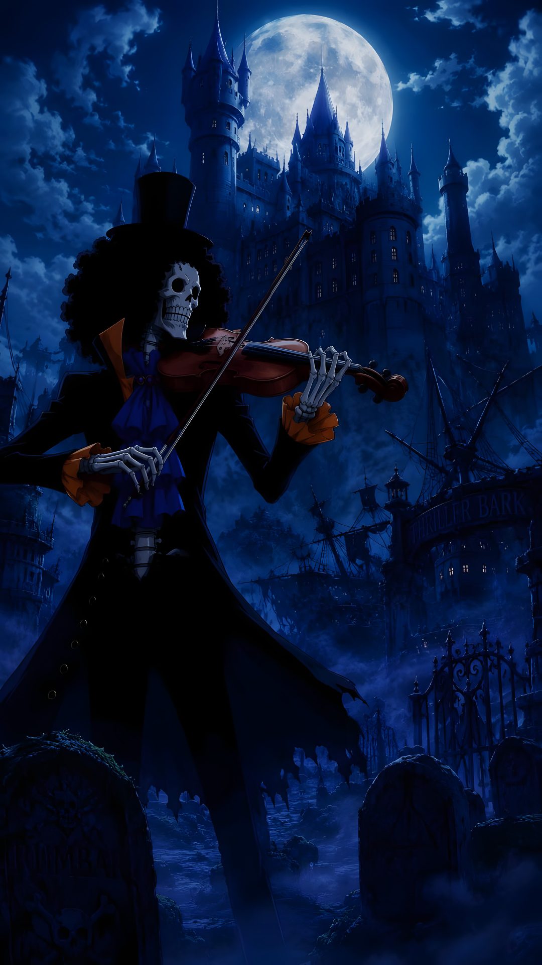 a skeleton playing the violin in front of a castle with a full moon behind it One Piece Halloween 4k One Piece Cartoon, One Piece, black