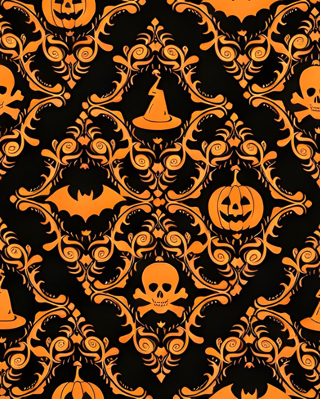 an orange and black halloween wallpaper with pumpkins Damask Halloween Classy Halloween, Dark Gothic, Halloween, Halloween Printables, black