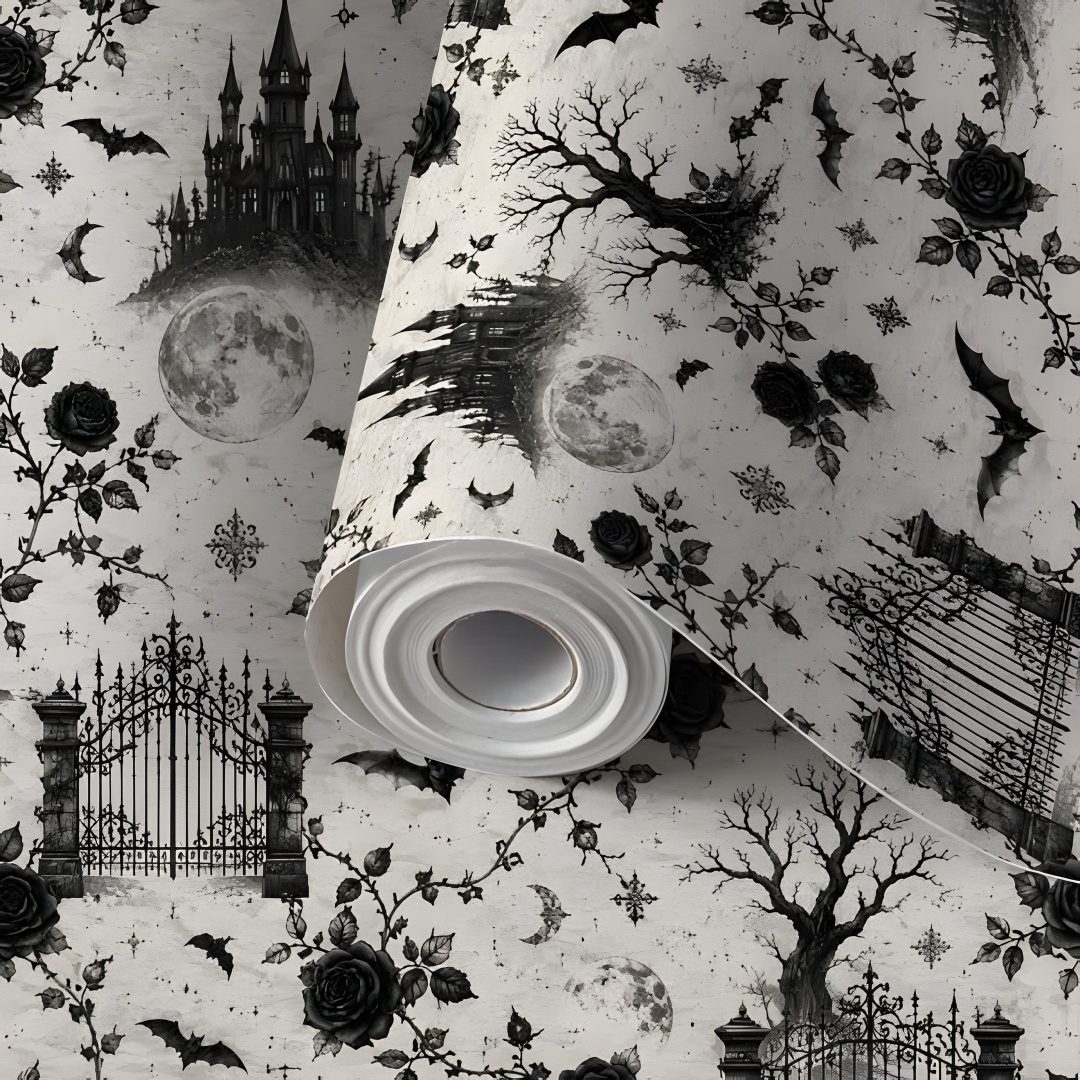 black and white halloween wallpaper with bats, pumpkins, trees and castle in the background Gothic Halloween For Home gray