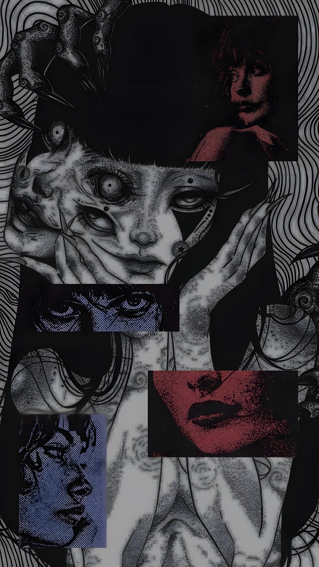 a woman with her hands on her face, surrounded by other women's faces Lockscreen Grunge Edgy Aesthetic Halloween dark slate gray