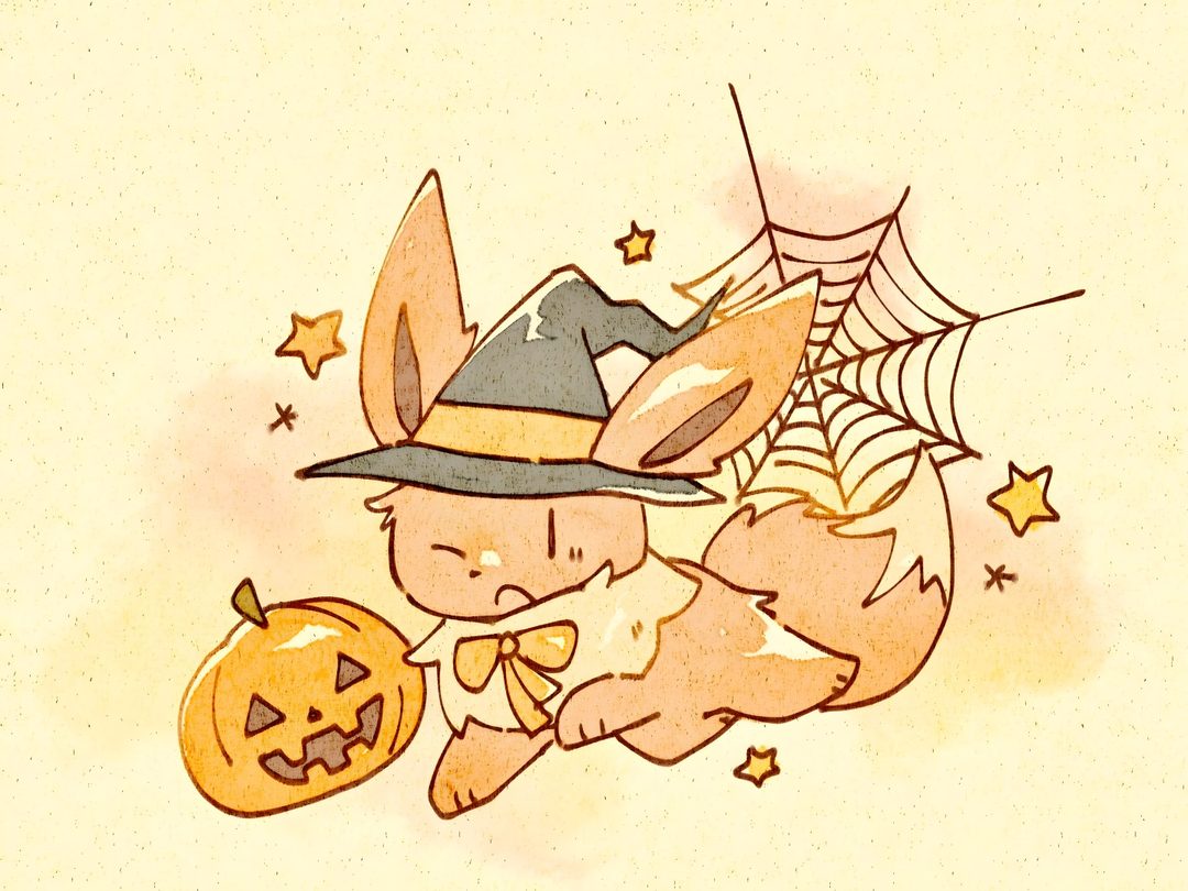 a drawing of a rabbit in a witch hat holding a jack o lantern Eevee Halloween lemon chiffon