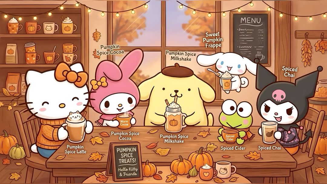 hello kitty and friends are sitting at a table with pumpkins on the table in front of them Halloween Sanrio Desktop peru