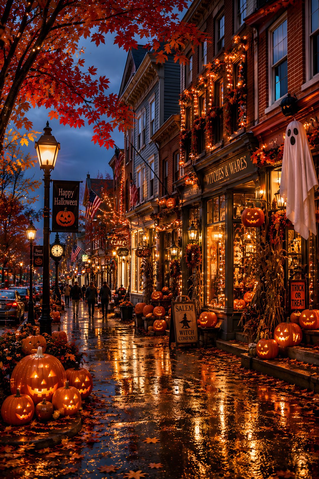a city street filled with lots of pumpkins Halloween Town Aesthetic maroon