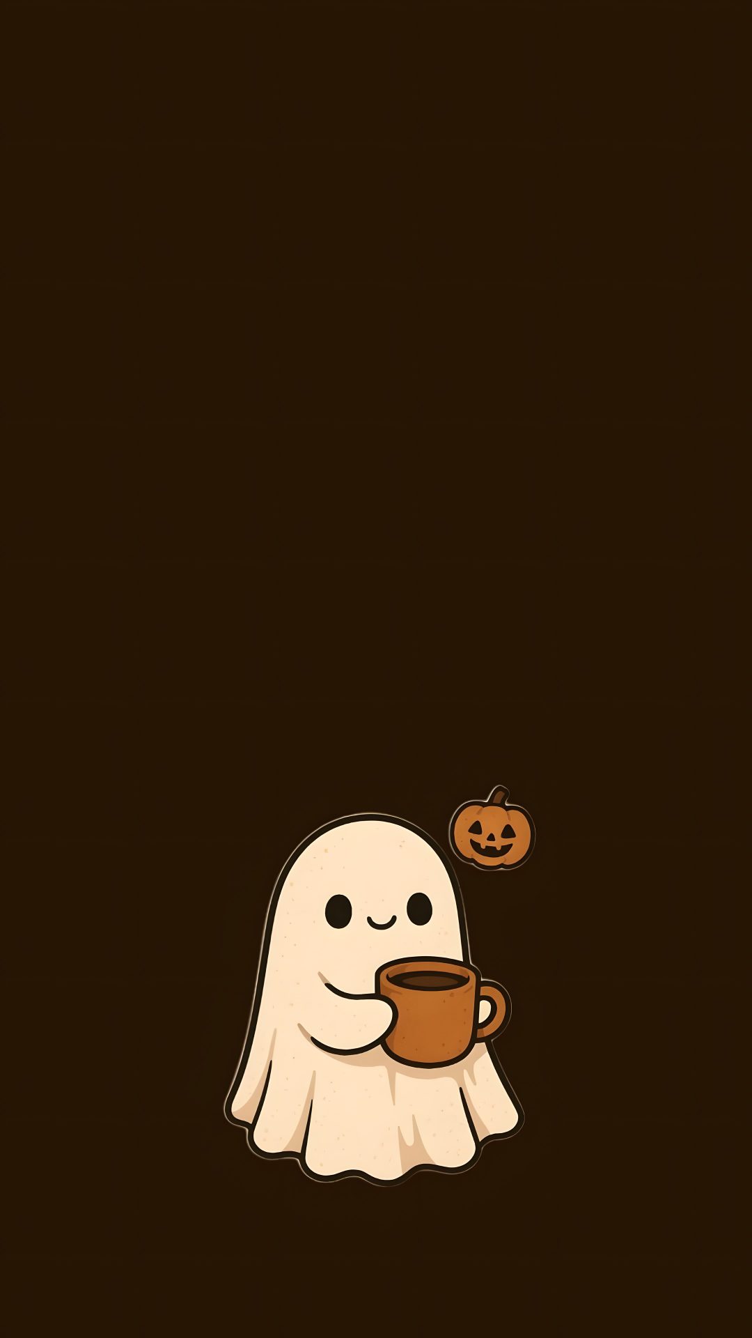 a ghost holding a cup of coffee with a pumpkin on it's back ground Halloween Tan And Black Halloween,