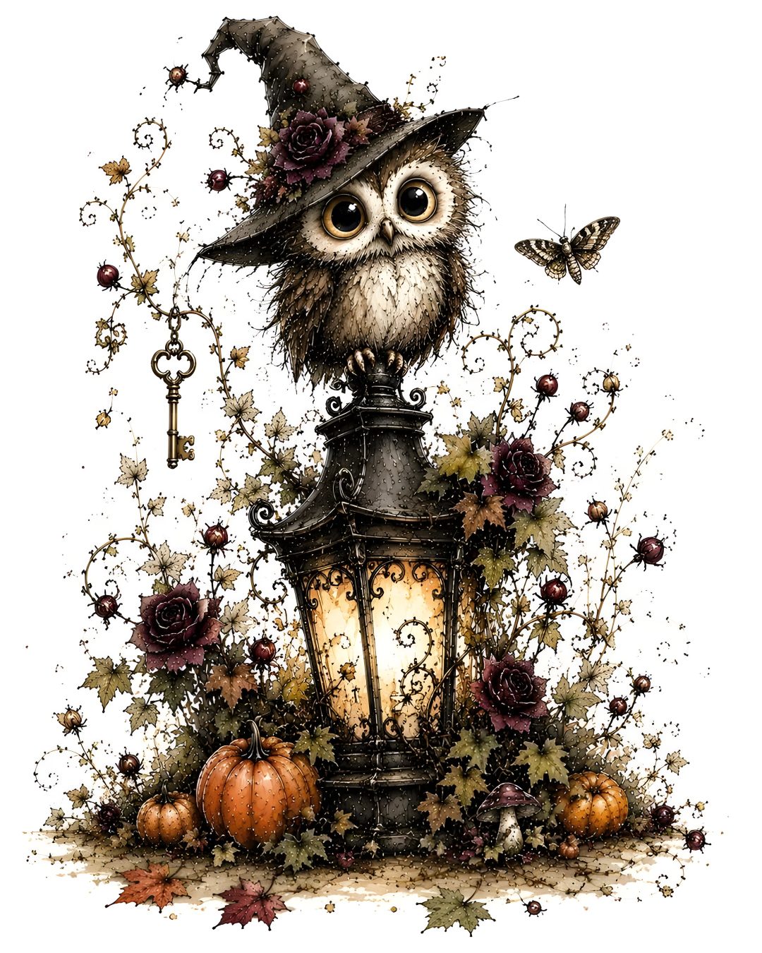 an owl sitting on top of a lamp post surrounded by leaves and flowers with a butterfly flying overhead Halloween Owl snow
