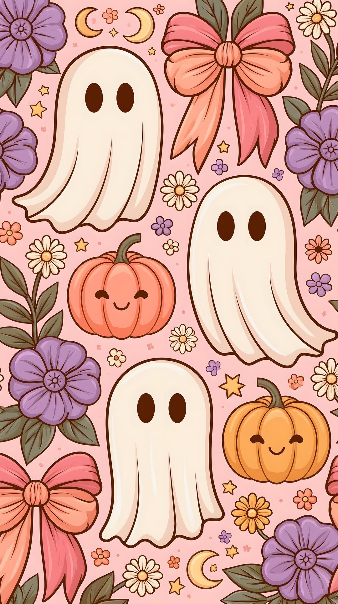 halloween seamless background with ghost, pumpkins and flowers on light pink color scheme Cute Halloween For Car Seat peach puff