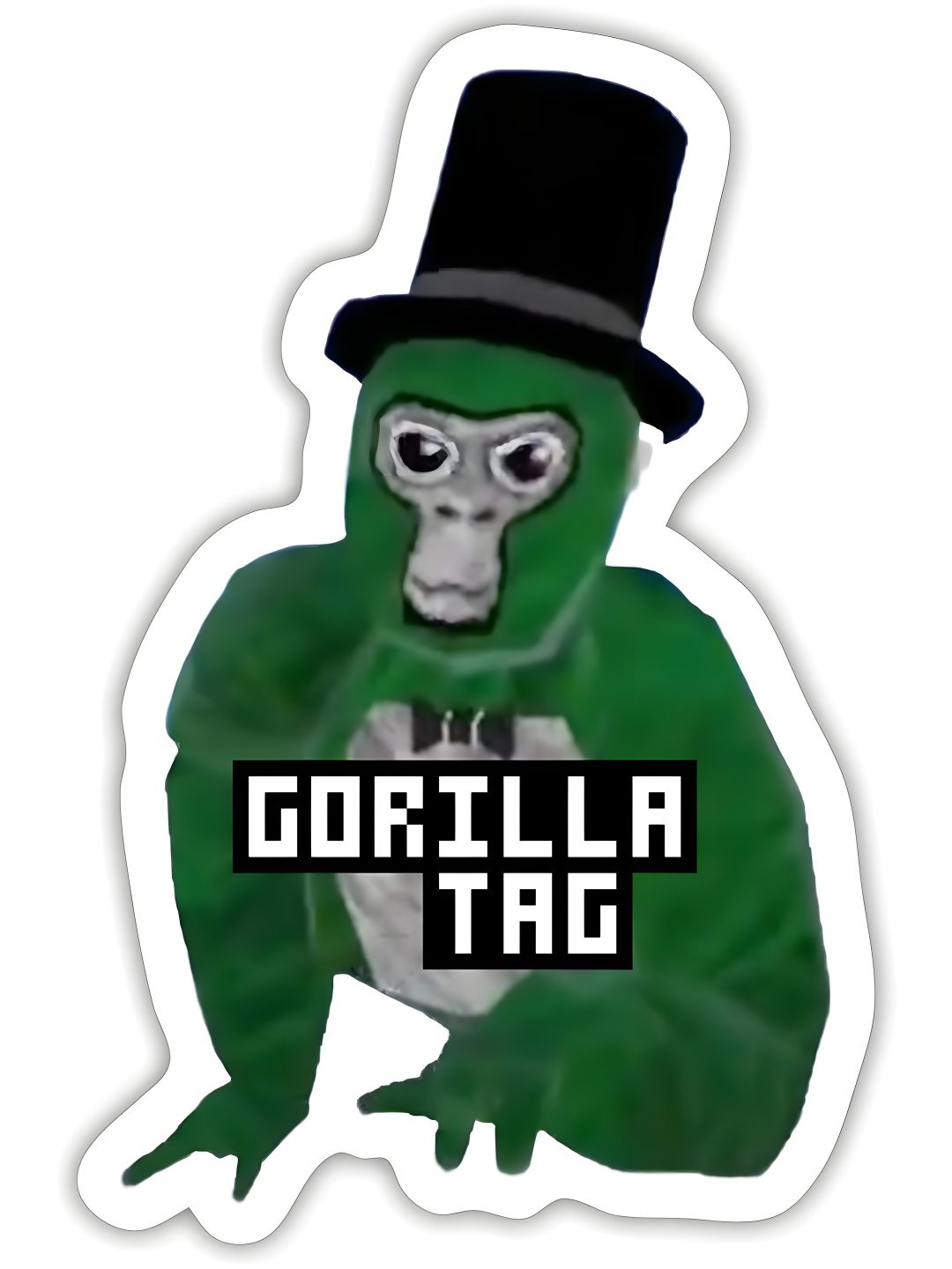 a sticker with the words gorilla tag on it's face and an image of a monkey wearing a top hat Gorilla Tag Halloween white