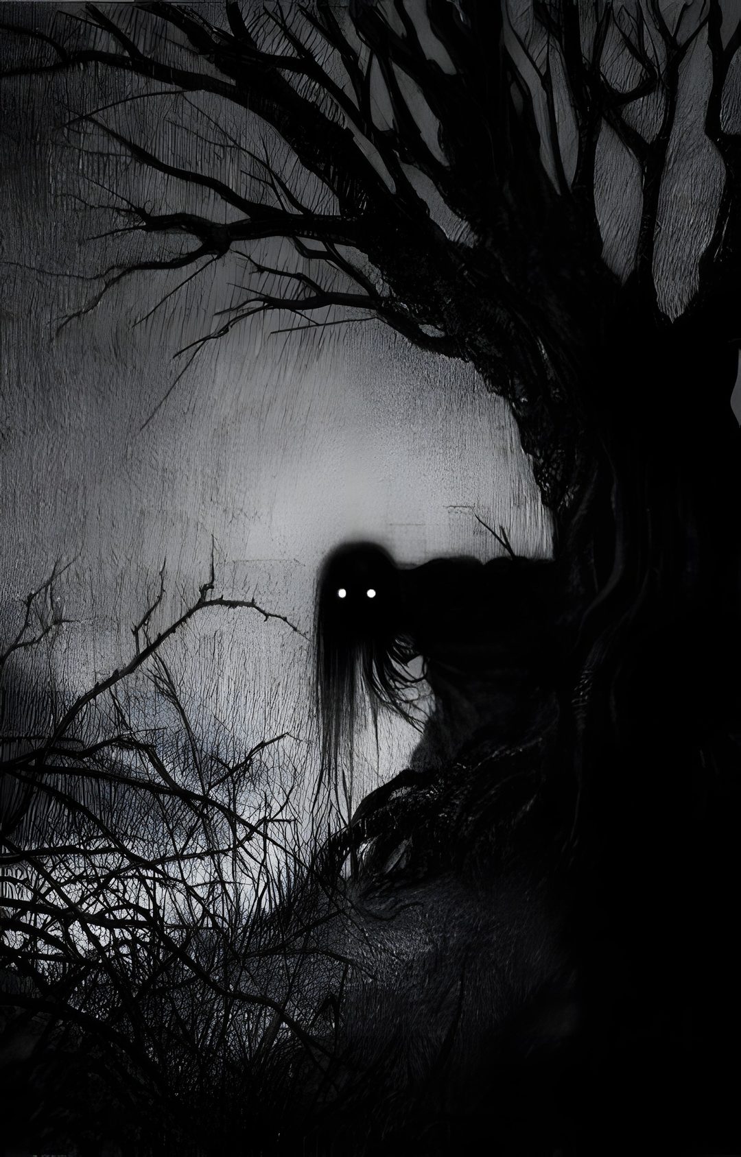 a black and white photo of a tree with a creepy face in the dark night Spooky Spooky Halloween Scary black
