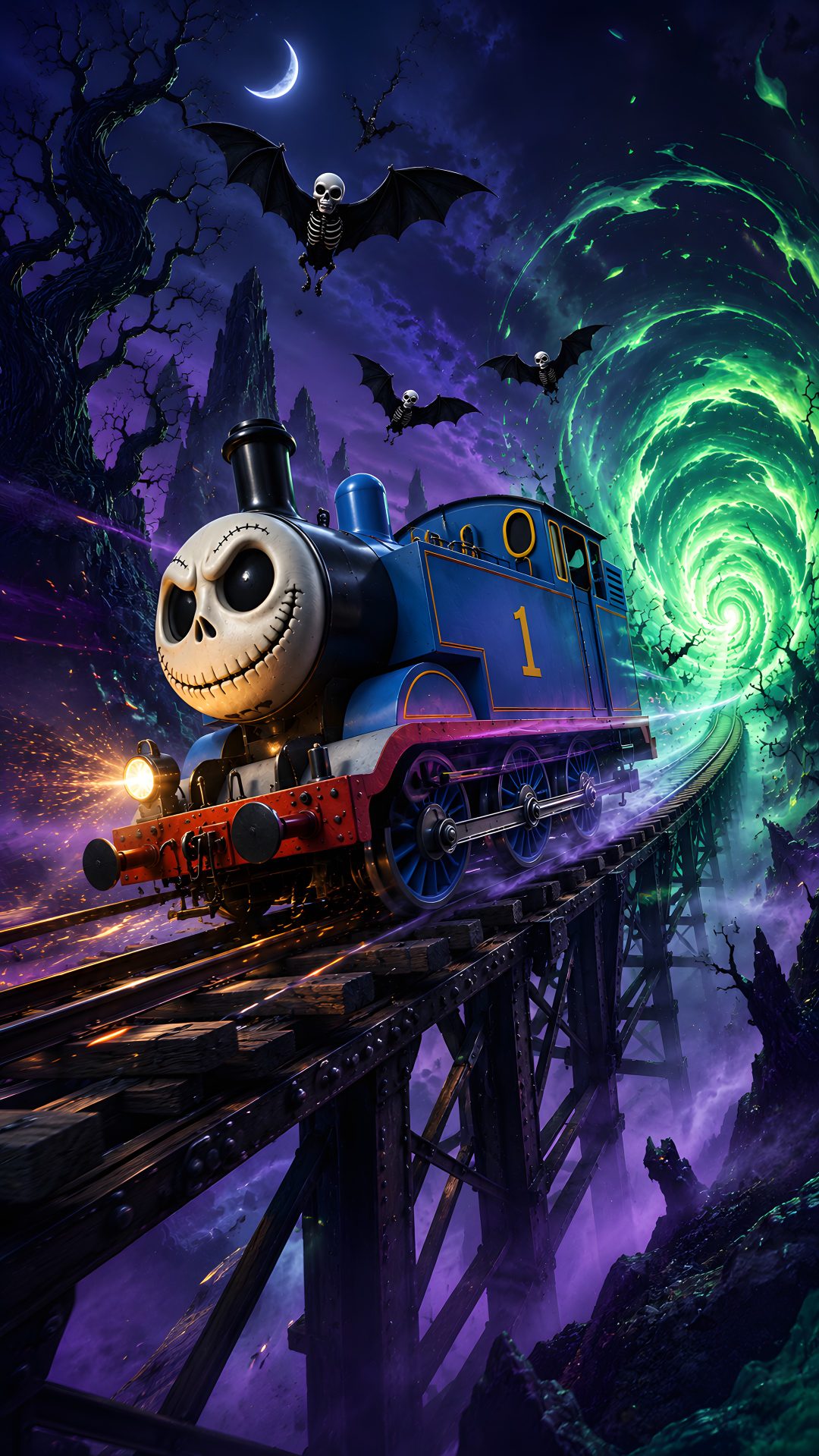 a train with a skeleton face on it is going over a bridge in the night Halloween Train midnight blue