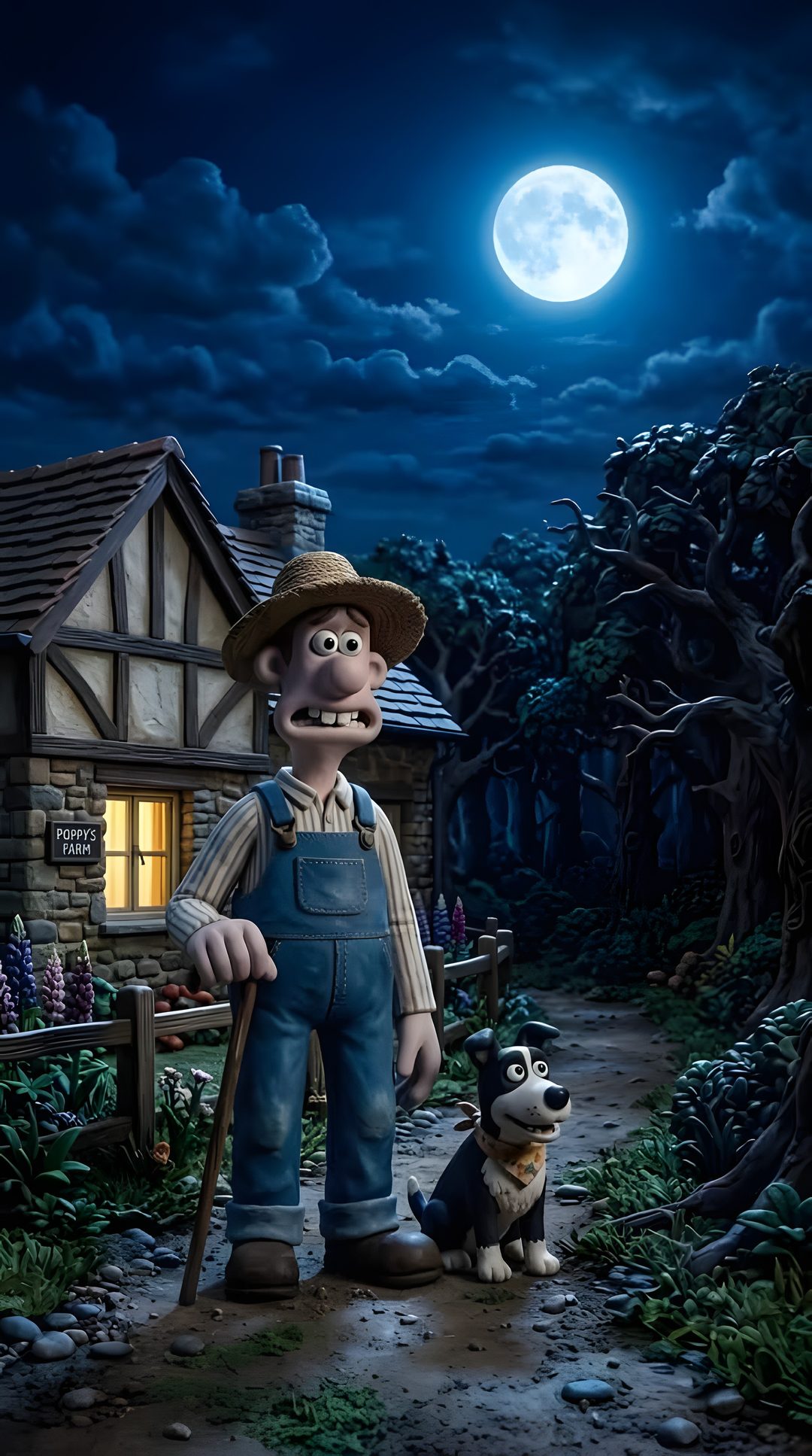 a man in overalls and hat standing next to a dog on a dirt road Wallace And Gromit Halloween Hd dark slate gray