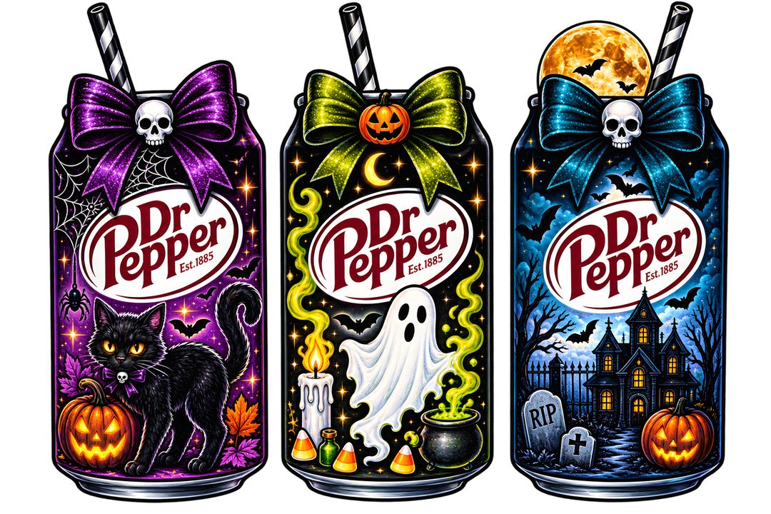 three halloween sodas with spookers on them Dr Pepper Halloween rosy brown