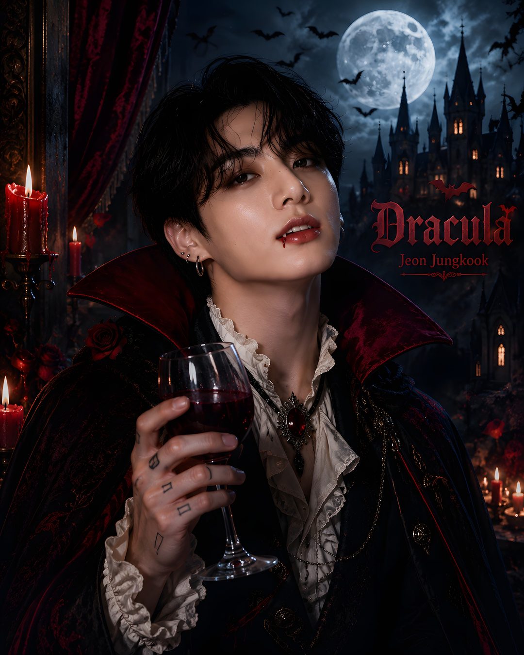 a woman holding a wine glass in front of a castle with candles on the walls Jungkook Halloween black