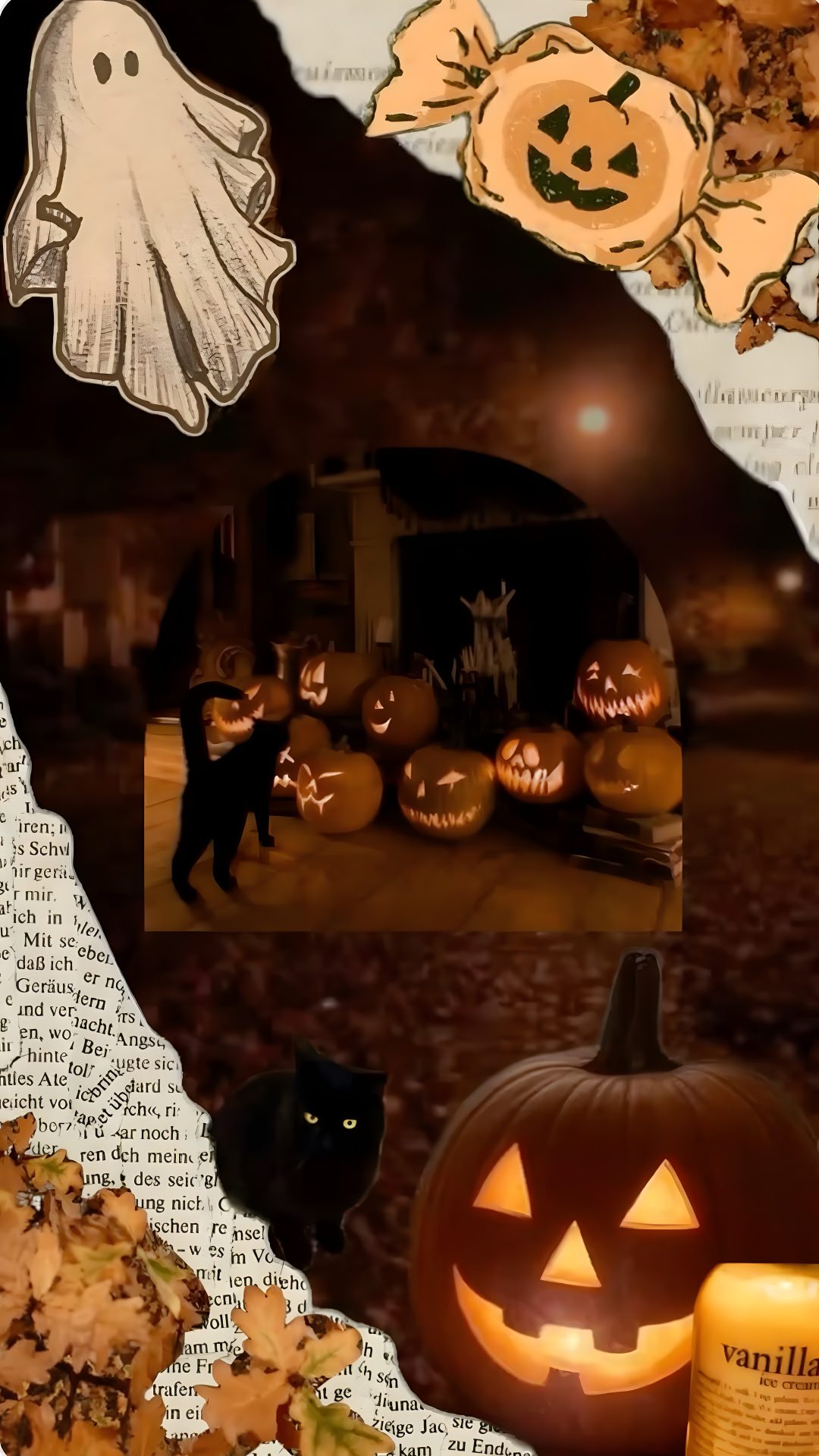 halloween collage with pumpkins, ghost and black cat in the background on an old book page Halloween Aesthetics maroon