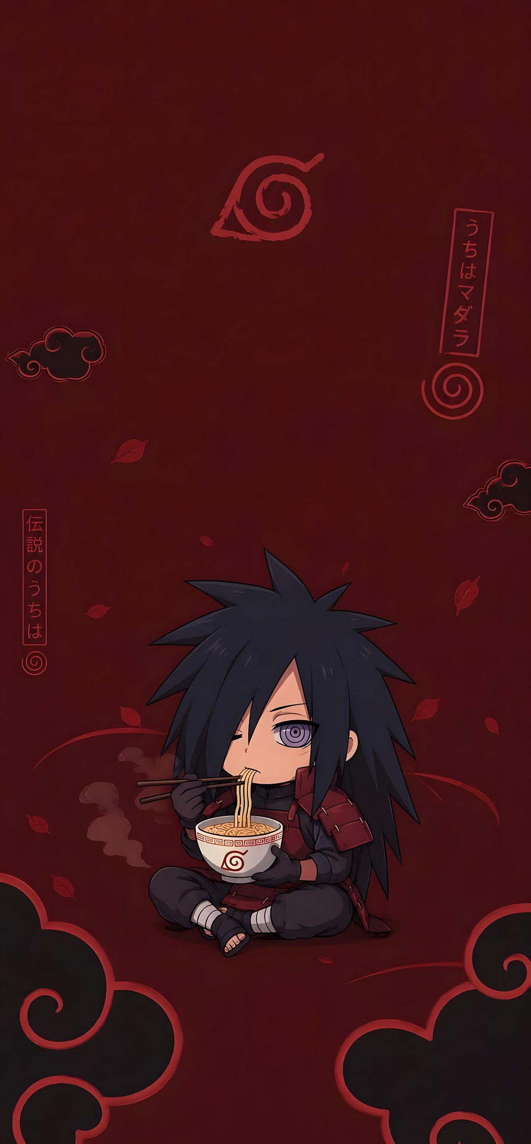 an anime character sitting on the ground with food in his hand and clouds around him Halloween Naruto maroon