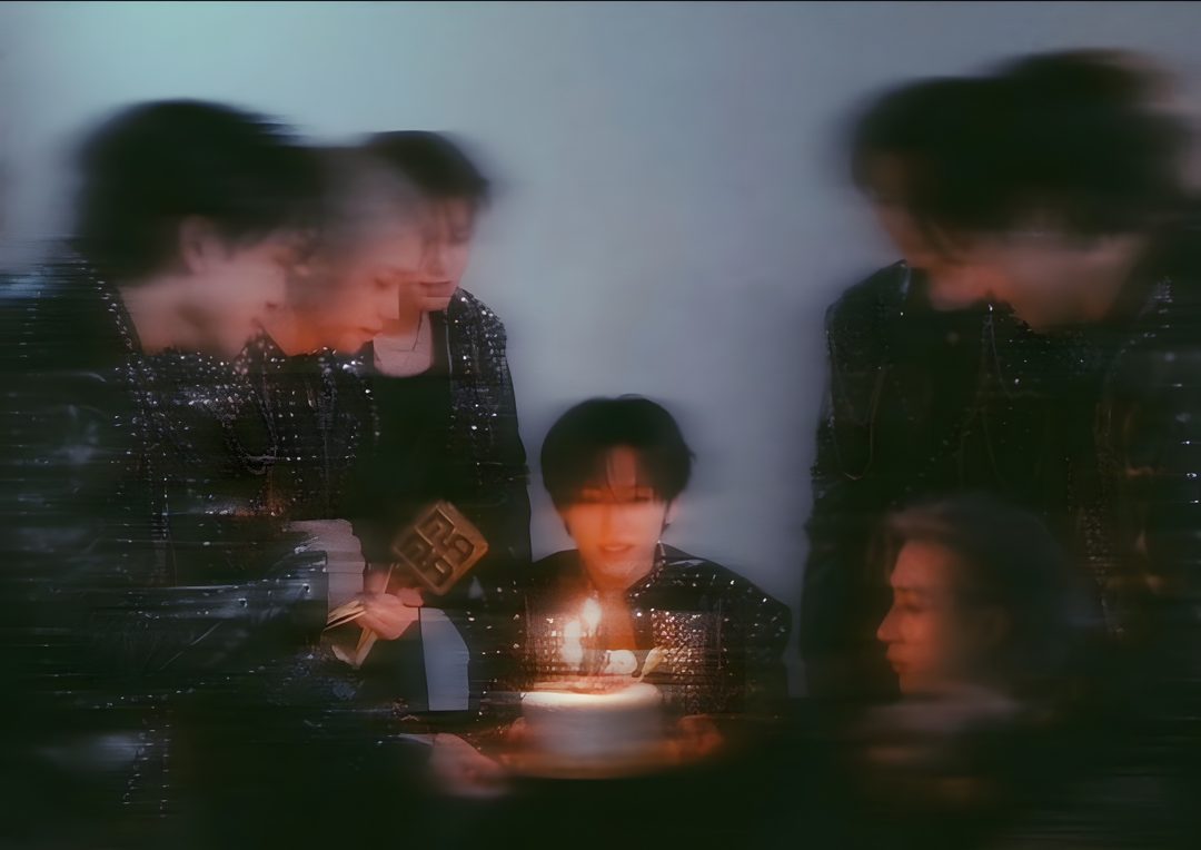 blurry photograph of four people around a cake with lit candles Stray Kids Halloween Laptop Kpop Spotify Cover, Straykids Core, dark slate gray