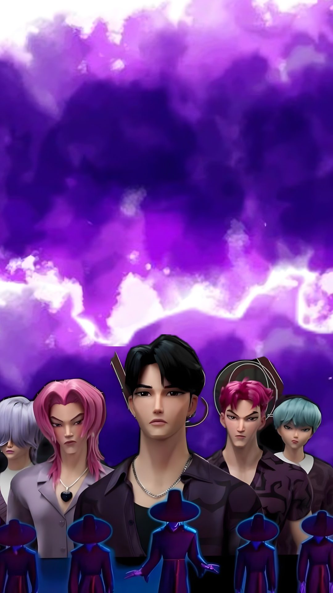 some anime characters standing in front of purple clouds Saja Boys Halloween Demon Hunter, indigo